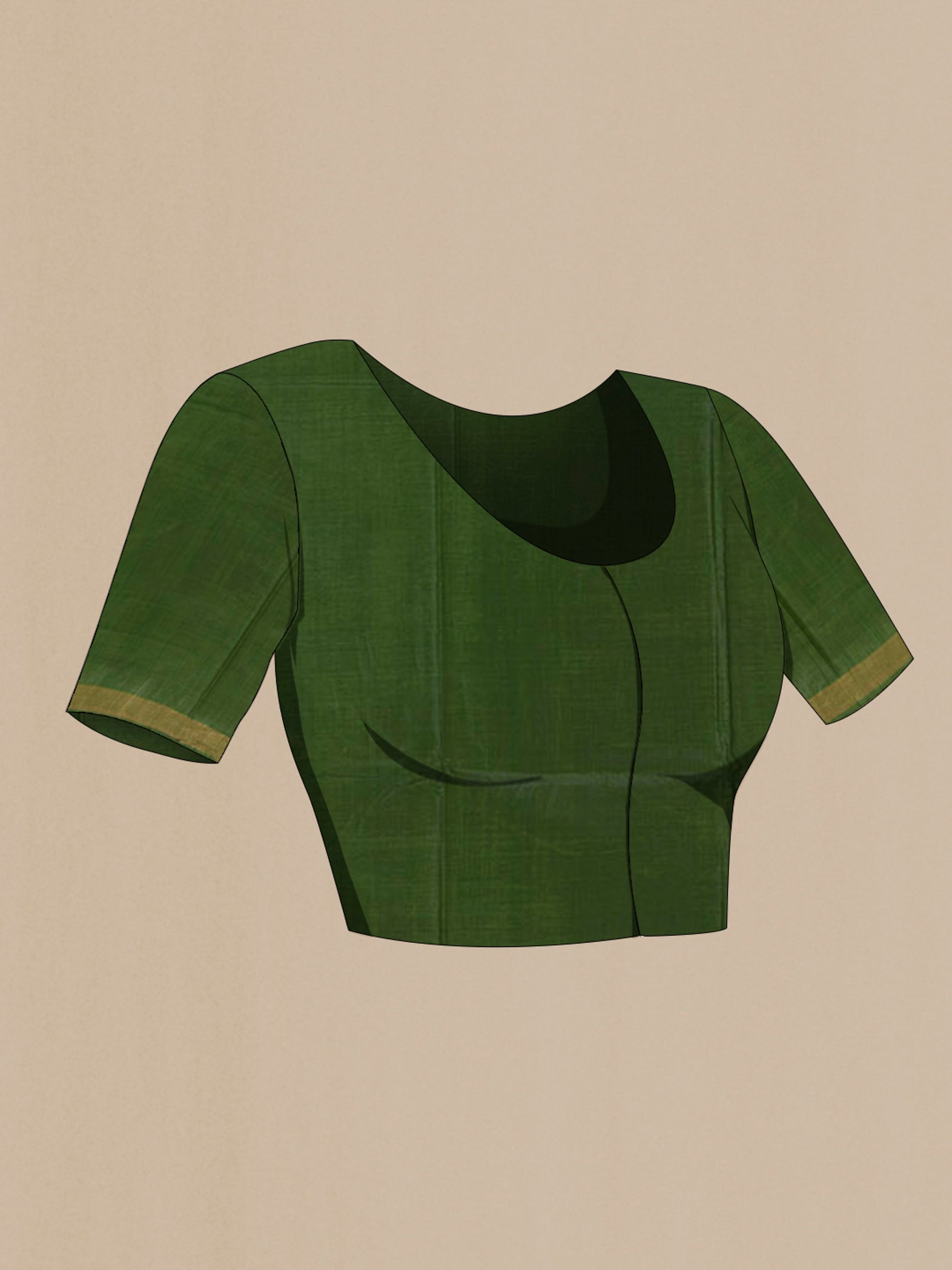 Close up image of the blouse of Green Tussar Silk Saree with Zari Butta on the body and Zari Border. 