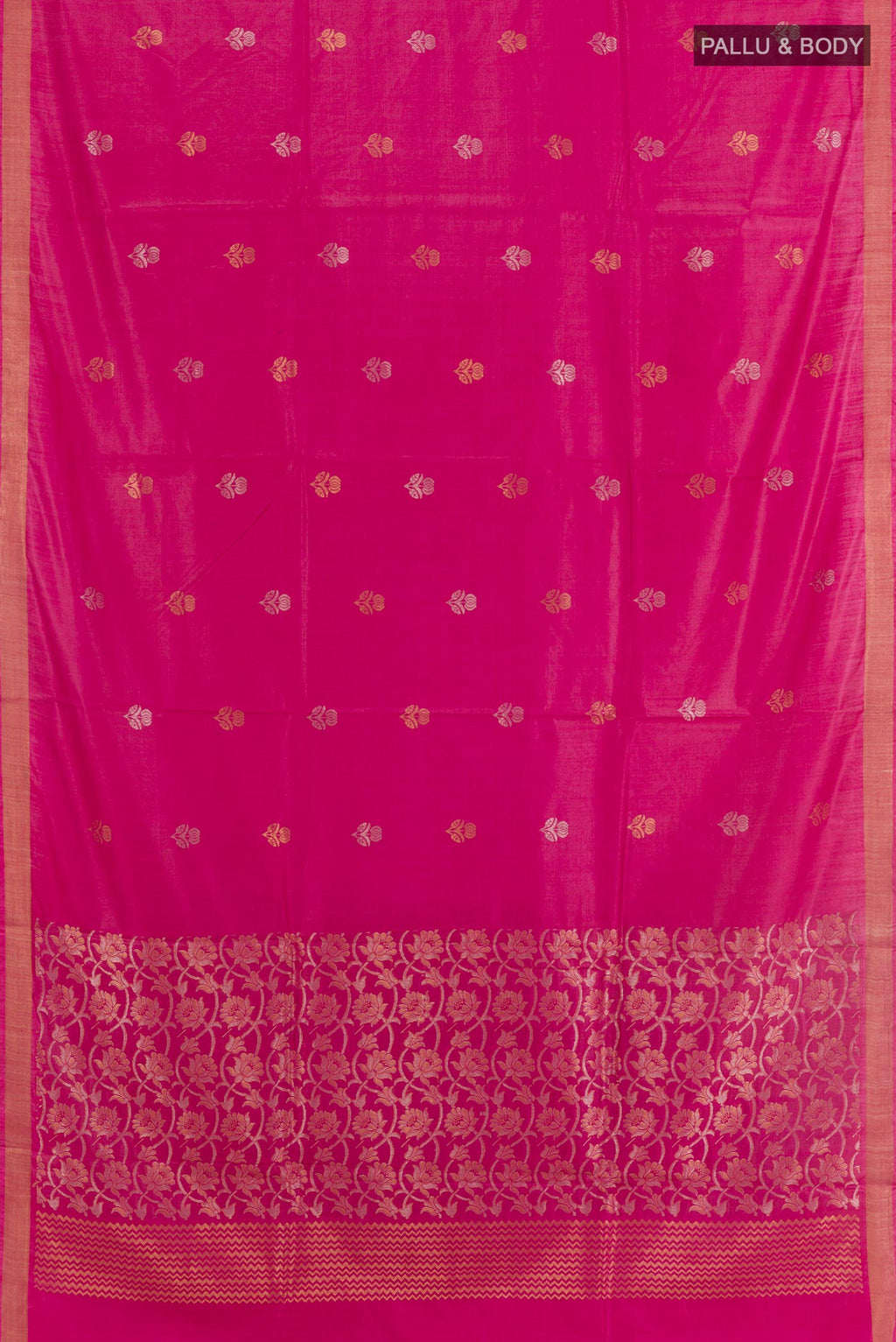 Flat view of Pink Tussar Silk Saree with Zari Butta on the body and Zari Border. 