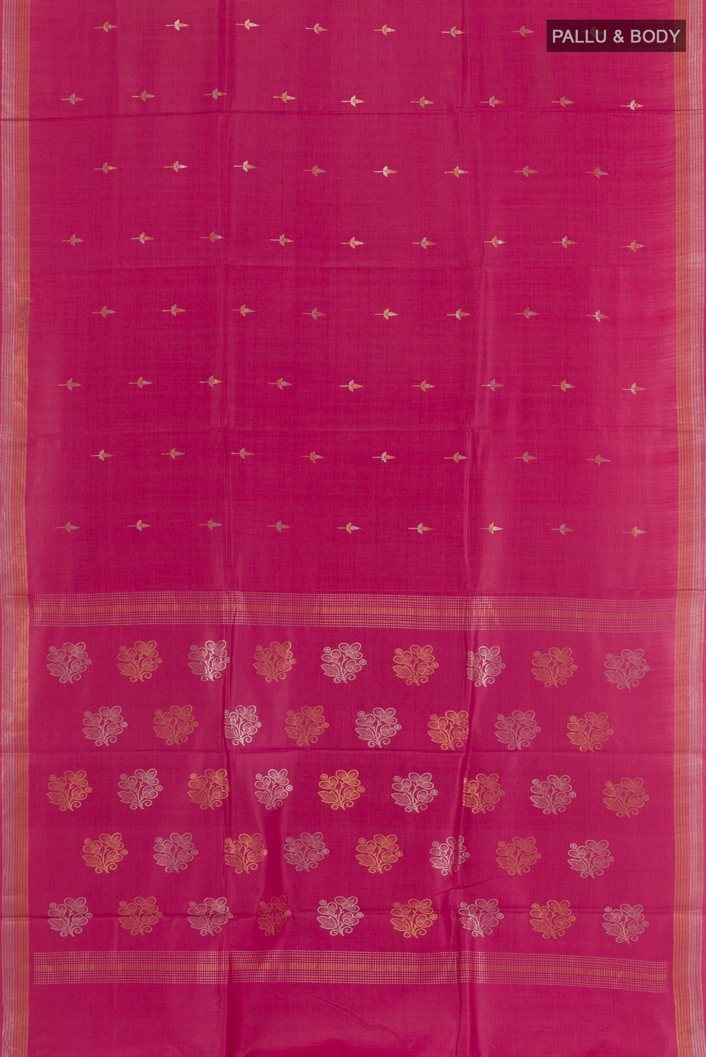 Flat view of Light Magenta Tussar Silk Saree with Zari Butta on the body and Zari Border. 