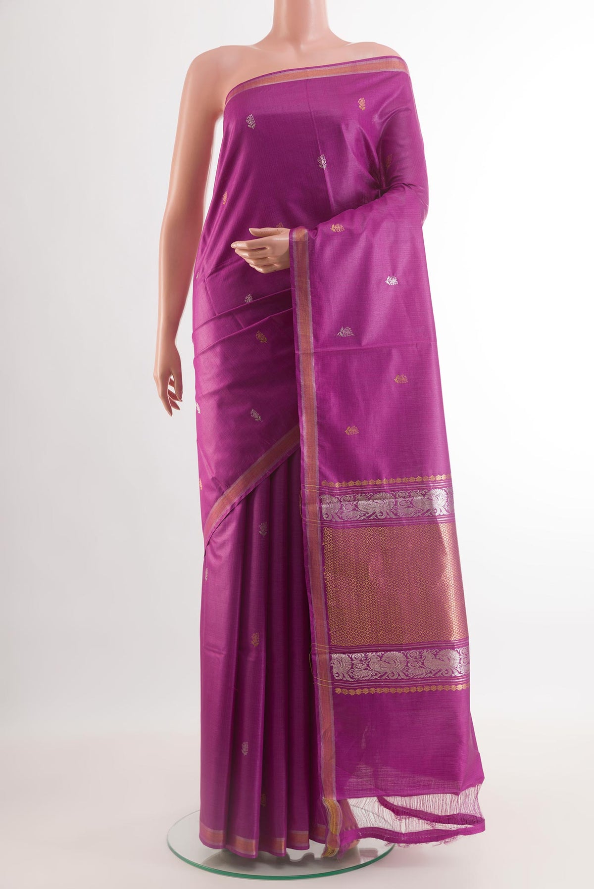 Purple Tussar Silk Saree with Zari And Thread Butta on the body and Zari Border.  displayed on a mannequin