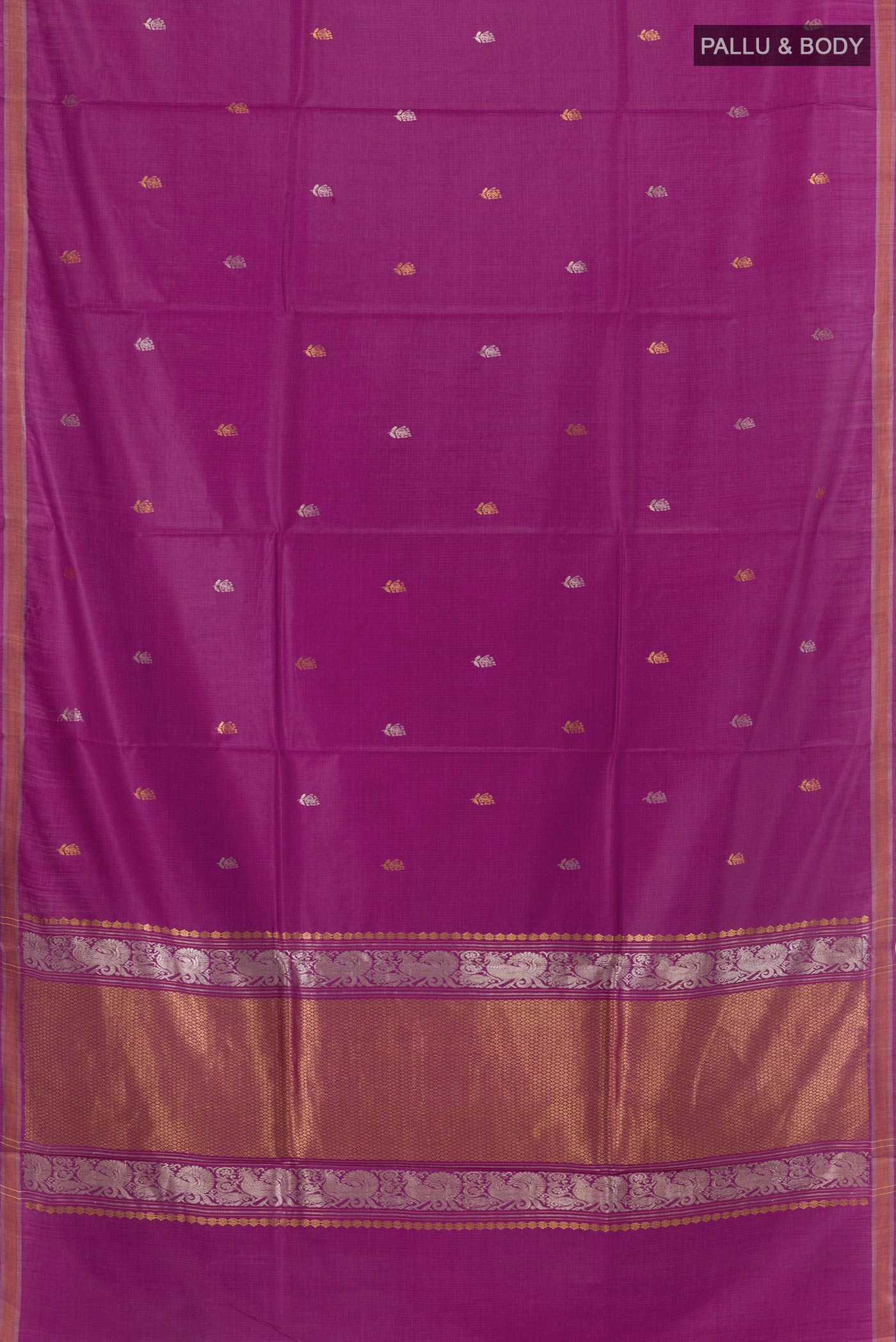 Flat view of Purple Tussar Silk Saree with Zari And Thread Butta on the body and Zari Border. 