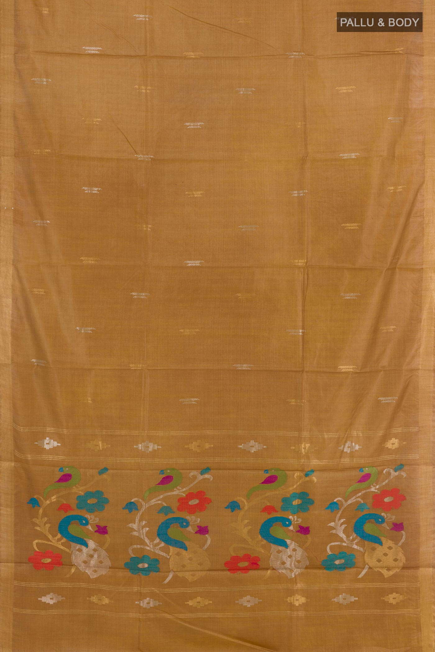 Flat view of Mustard Tussar Silk Saree with Zari Butta on the body and Zari Border. 