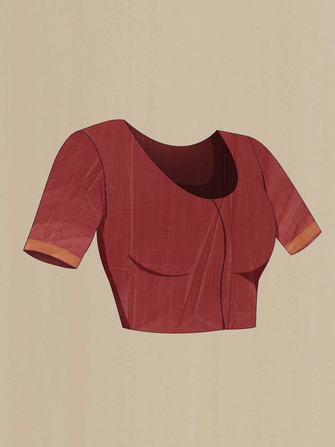 Close up image of the blouse of Maroon Tussar Silk Saree with Zari Butta on the body and Zari Border. 