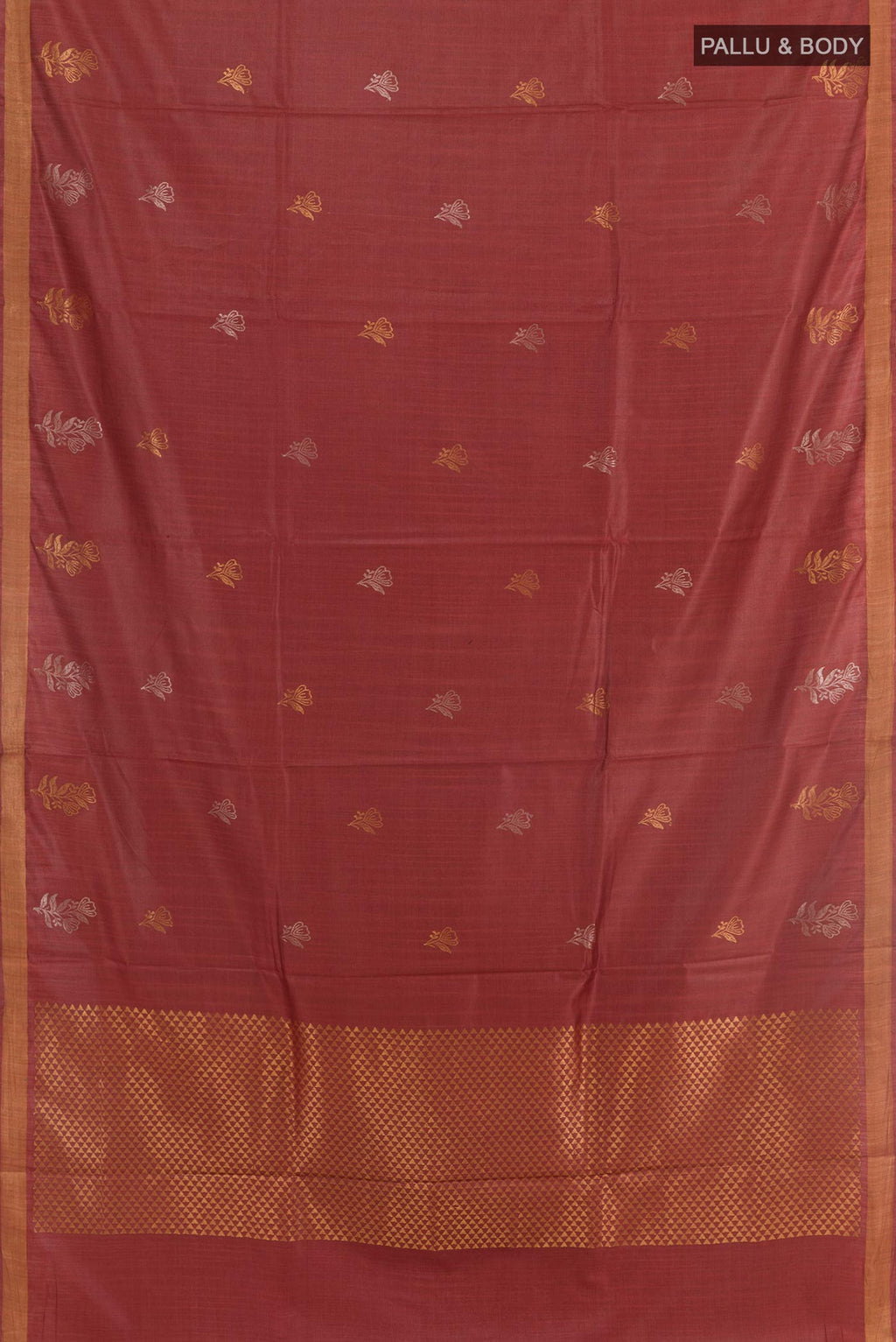 Flat view of Maroon Tussar Silk Saree with Zari Butta on the body and Zari Border. 