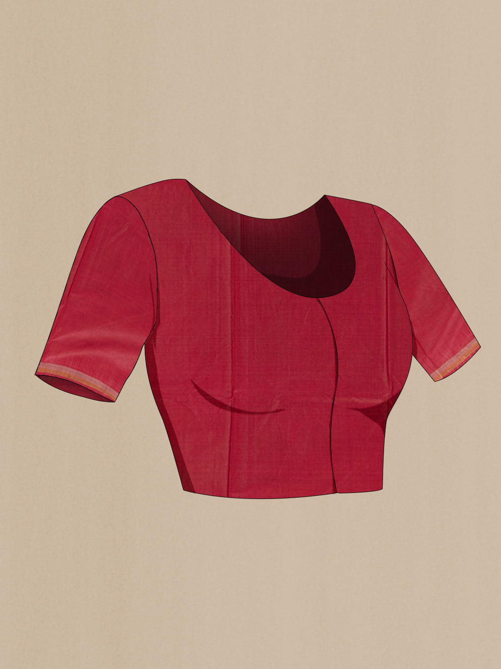 Close up image of the blouse of Red Tussar Silk Saree with Zari Butta on the body and Zari Border. 