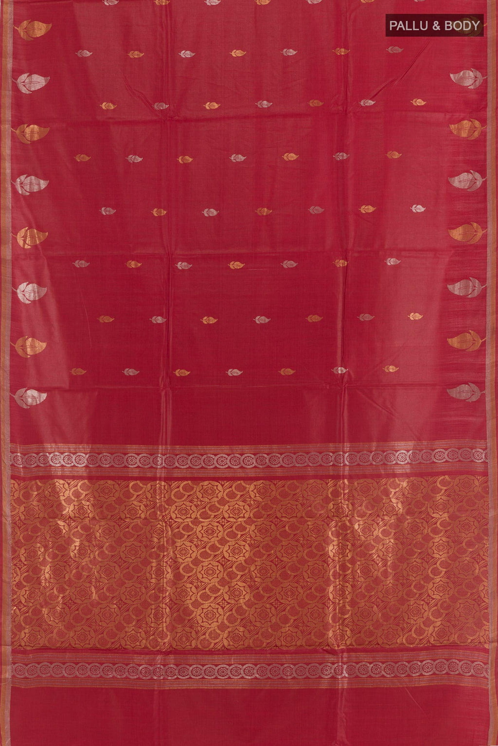 Flat view of Red Tussar Silk Saree with Zari Butta on the body and Zari Border. 