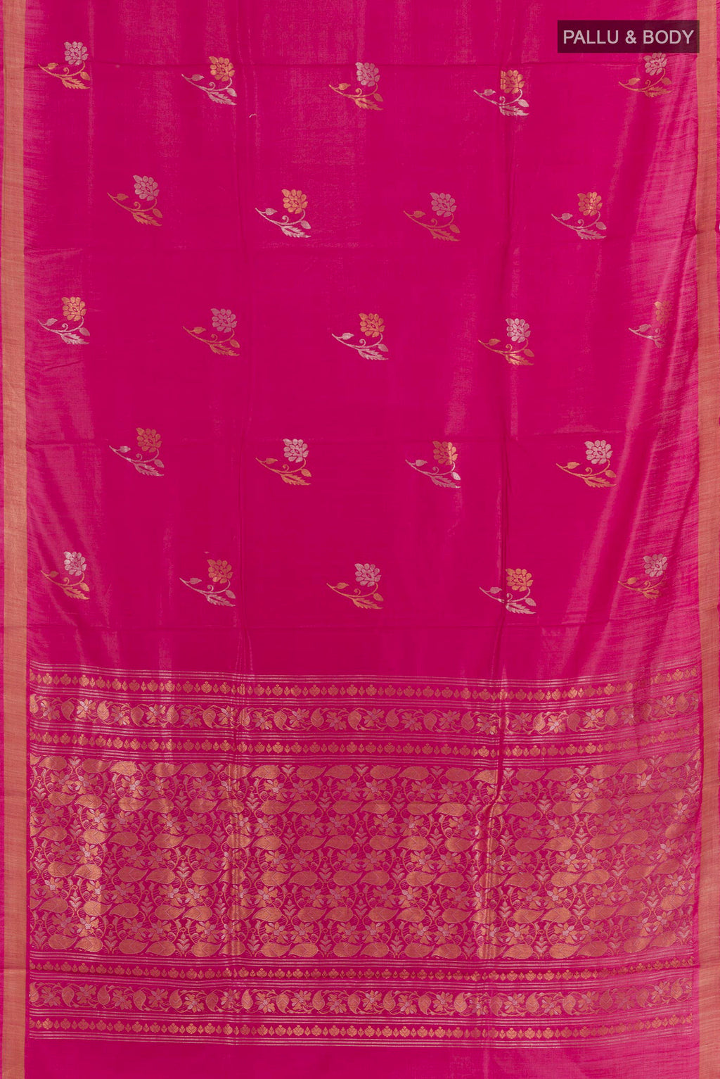 Flat view of Magenta Tussar Saree with Zari Butta on the body and Zari Border. 