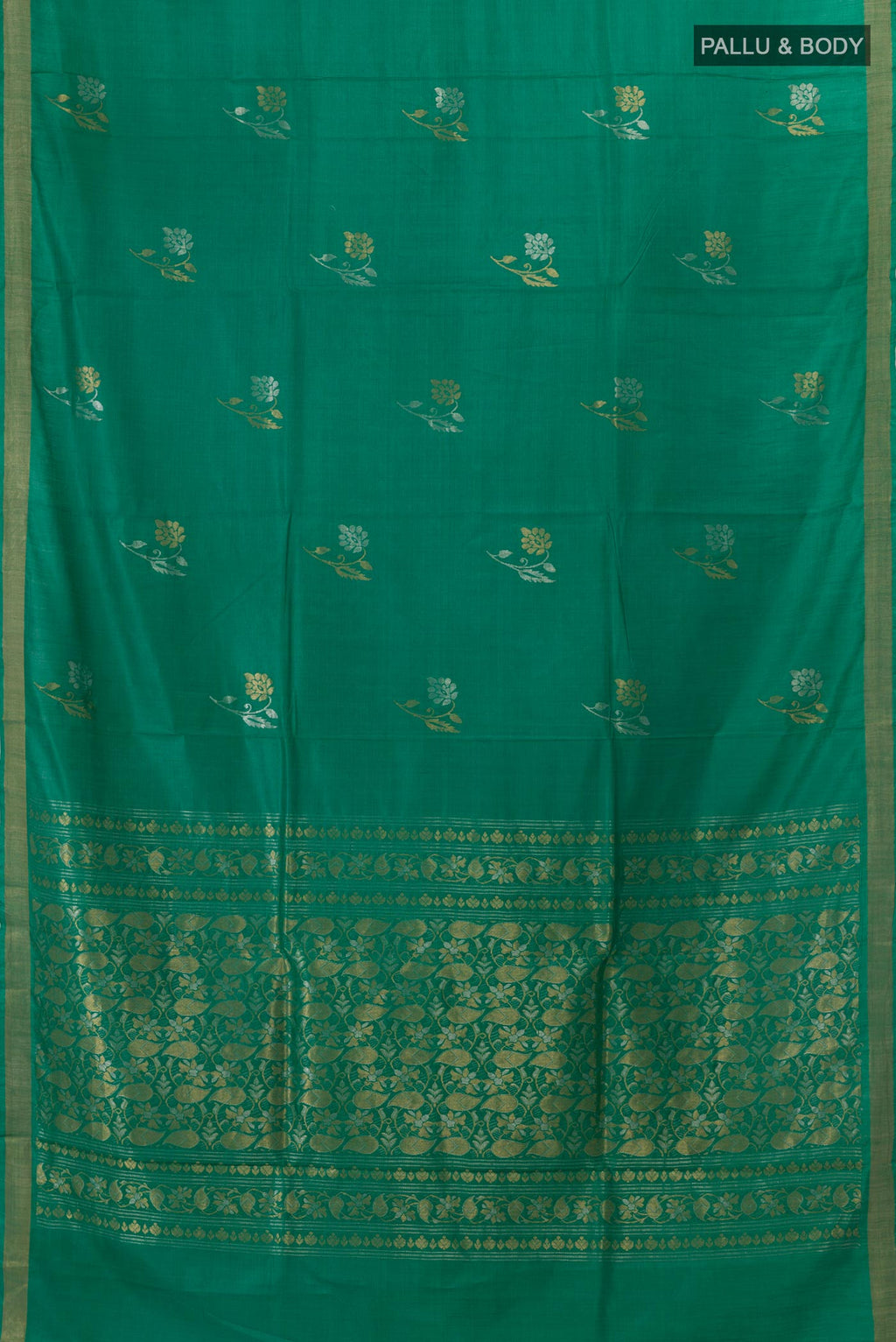 Flat view of Green Tussar Silk Saree with Zari Butta on the body and Zari Border. 