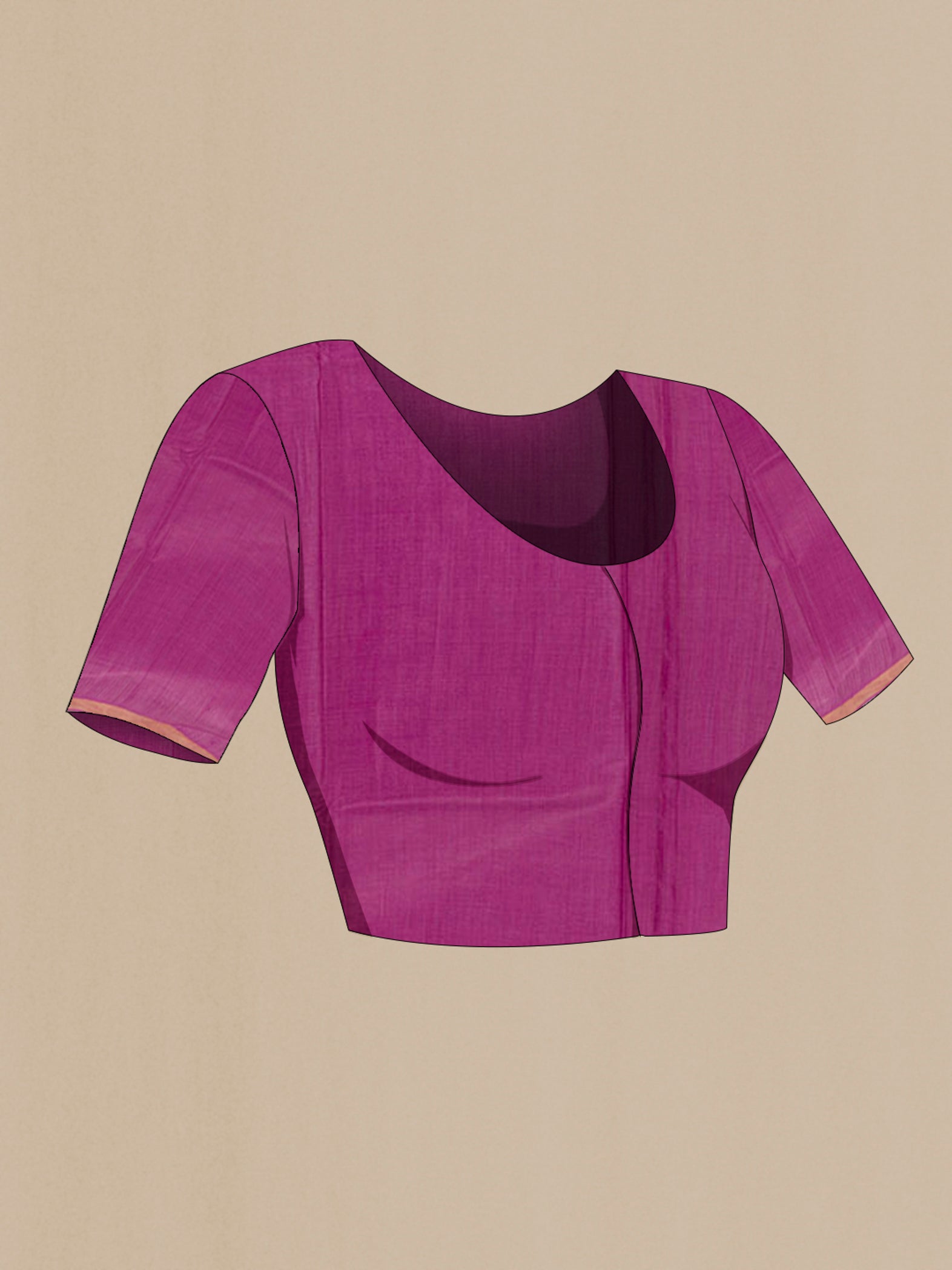 Close up image of the blouse of Purple Tussar Saree with Zari Butta on the body and Zari Border. 