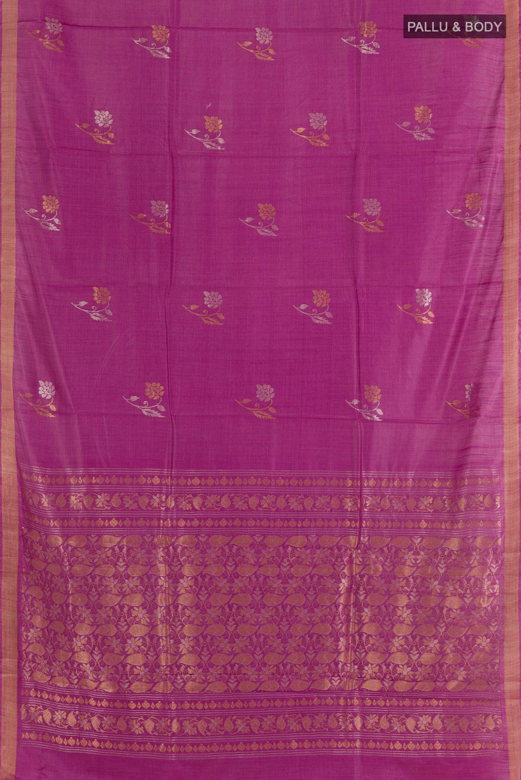 Flat view of Purple Tussar Saree with Zari Butta on the body and Zari Border. 