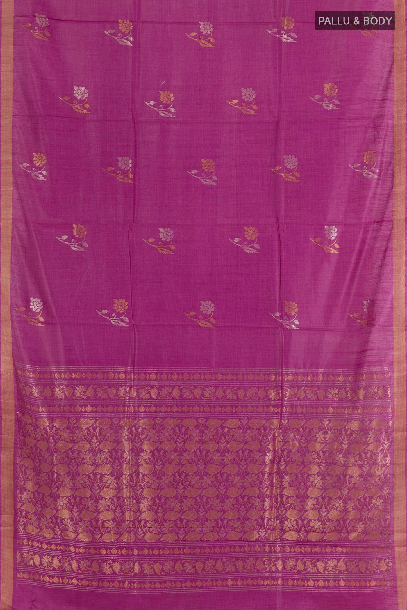 Flat view of Purple Tussar Saree with Zari Butta on the body and Zari Border. 
