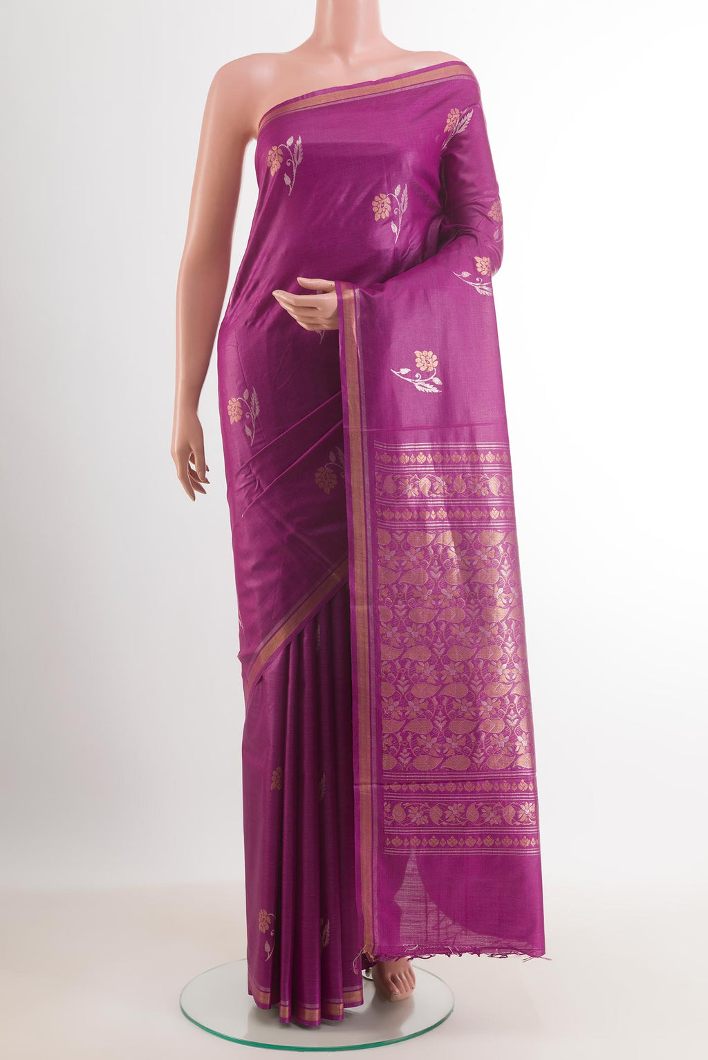 Purple Tussar Silk Saree with Zari Butta on the body and Zari Border.  displayed on a mannequin