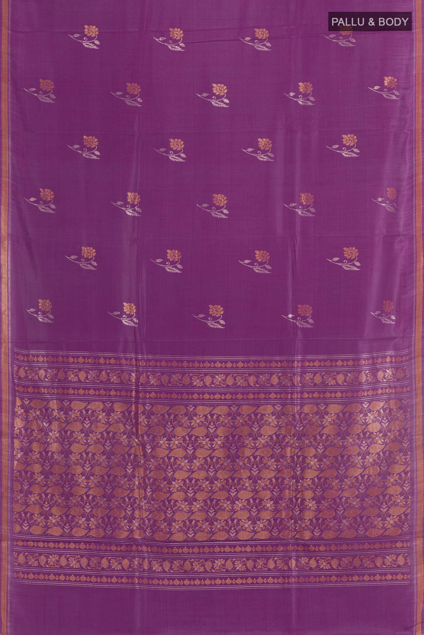 Flat view of Purple Tussar Silk Saree with Zari Butta on the body and Zari Border. 