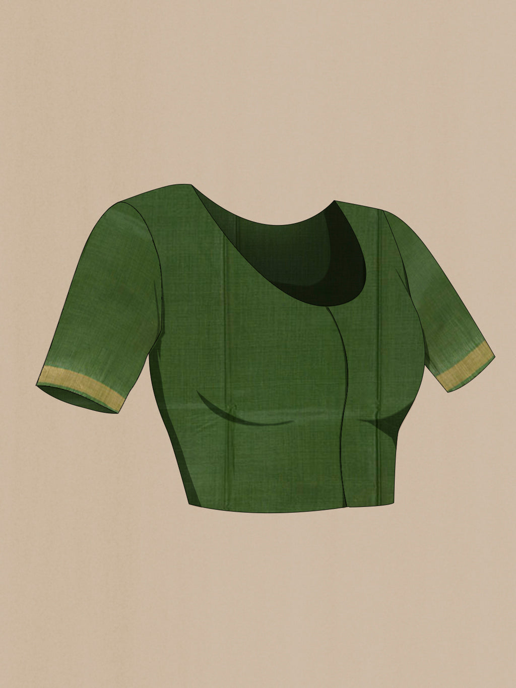 Close up image of the blouse of Green Tussar Saree with Zari Butta on the body and Zari Border. 
