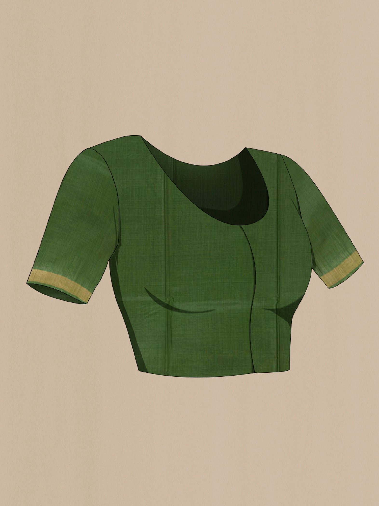 Close up image of the blouse of Green Tussar Saree with Zari Butta on the body and Zari Border. 