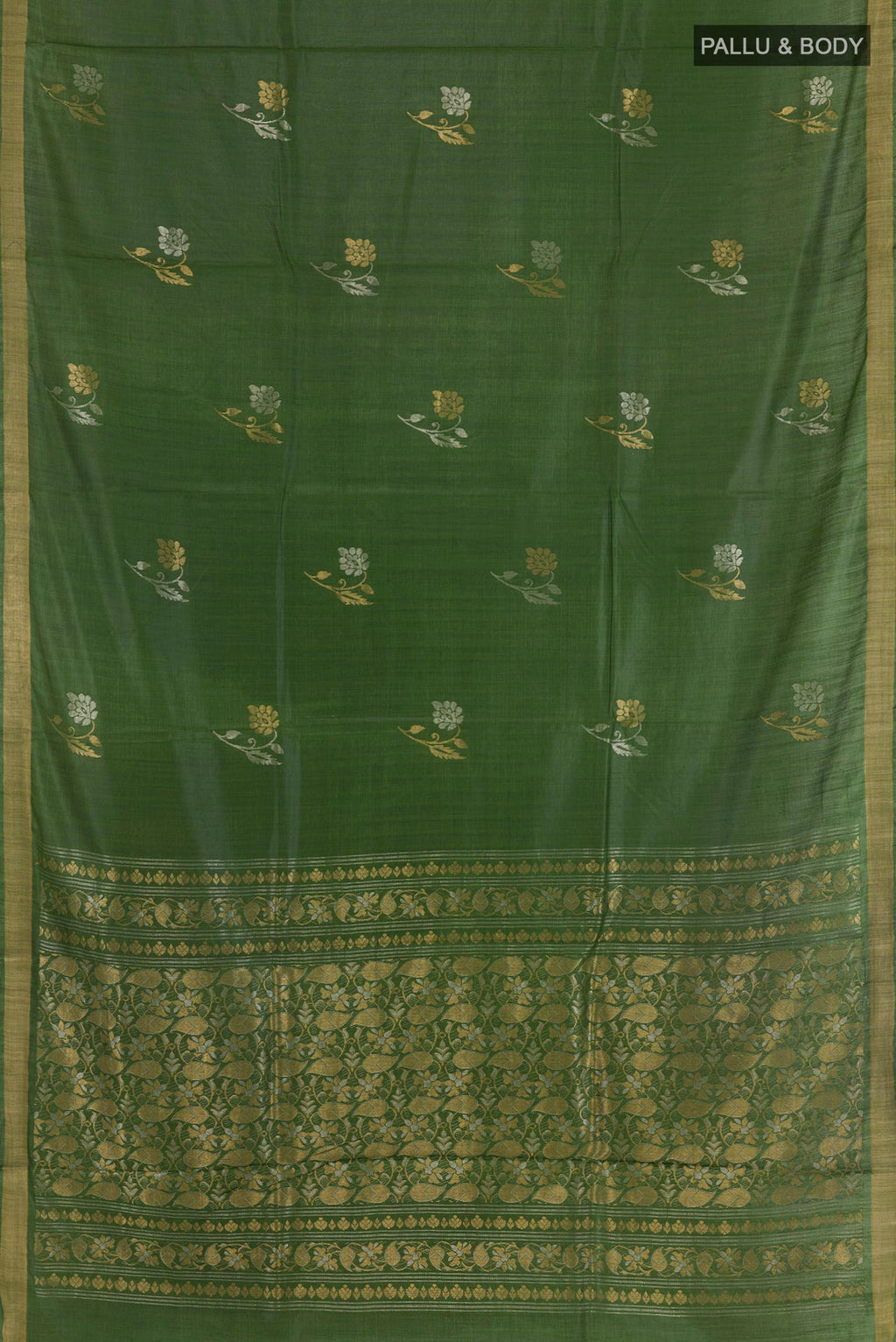 Flat view of Green Tussar Saree with Zari Butta on the body and Zari Border. 