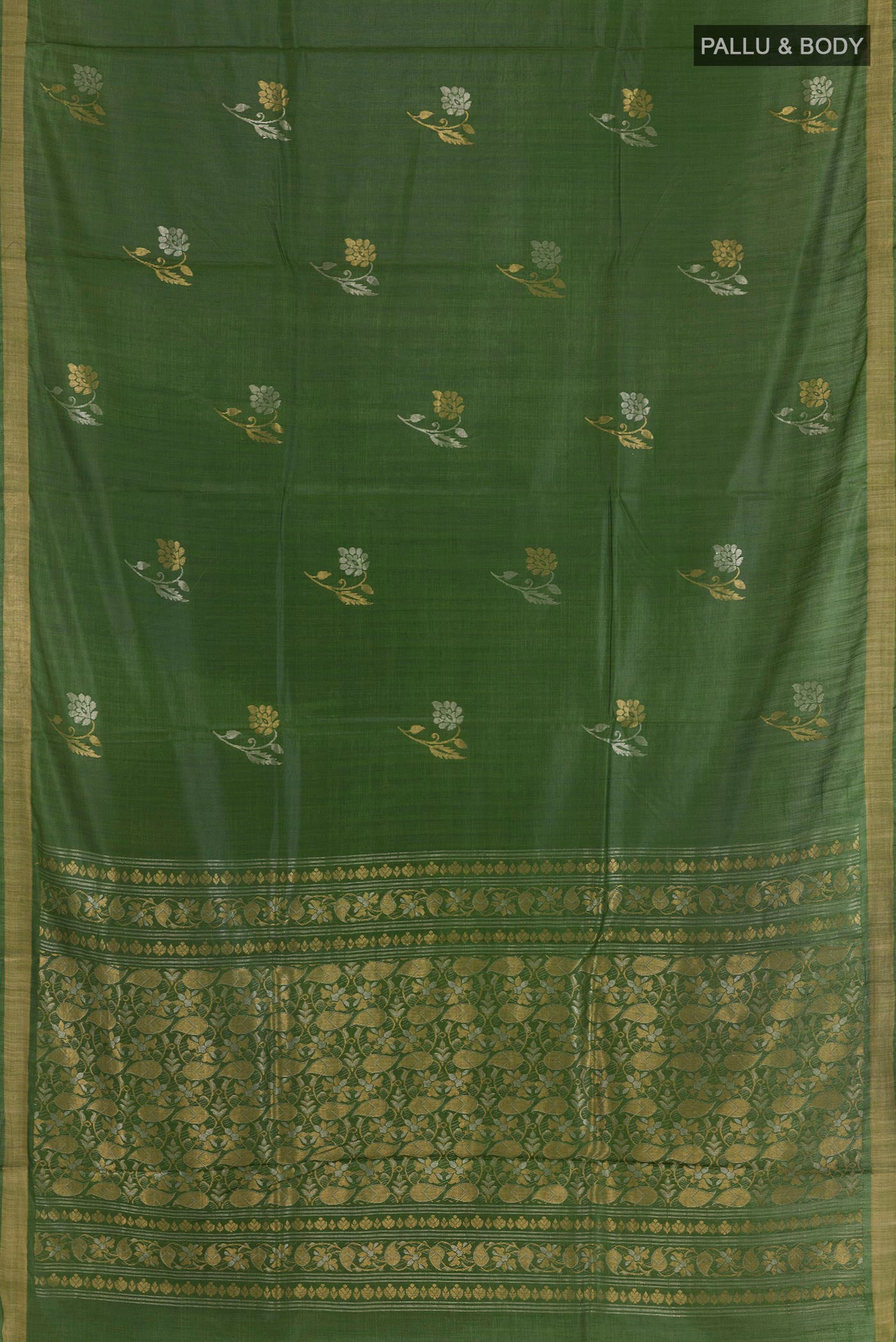Flat view of Green Tussar Saree with Zari Butta on the body and Zari Border. 