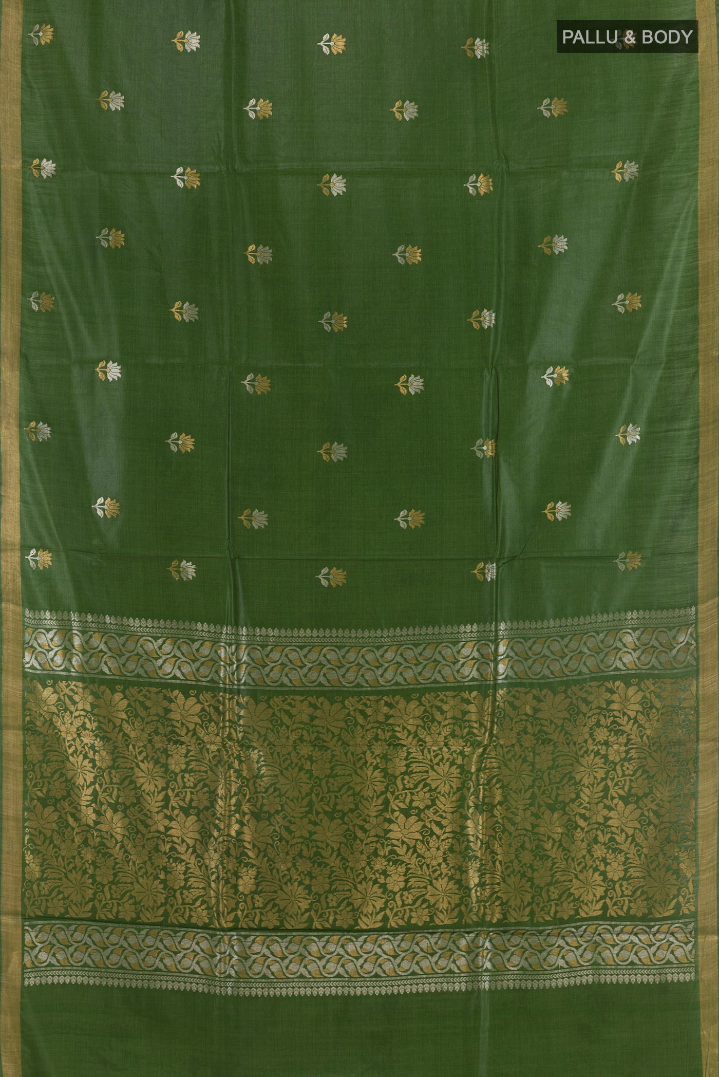 Flat view of Green Tussar Silk Saree with Zari Butta on the body and Zari Border. 