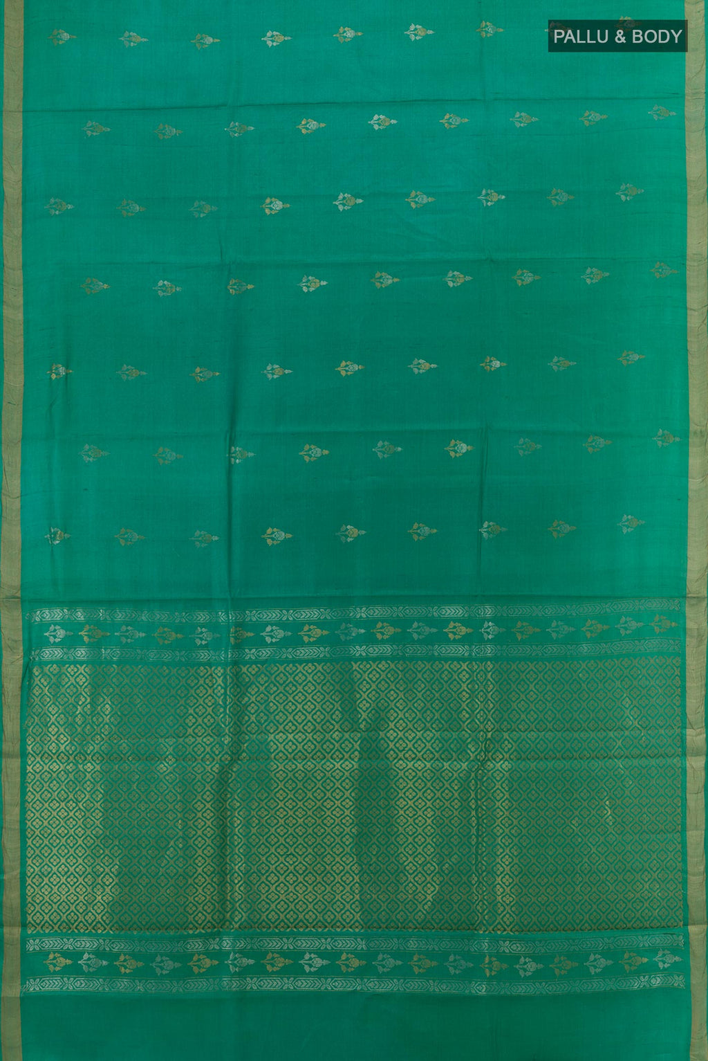 Flat view of Green Tussar Silk Saree with Zari Butta on the body and Zari Border. 