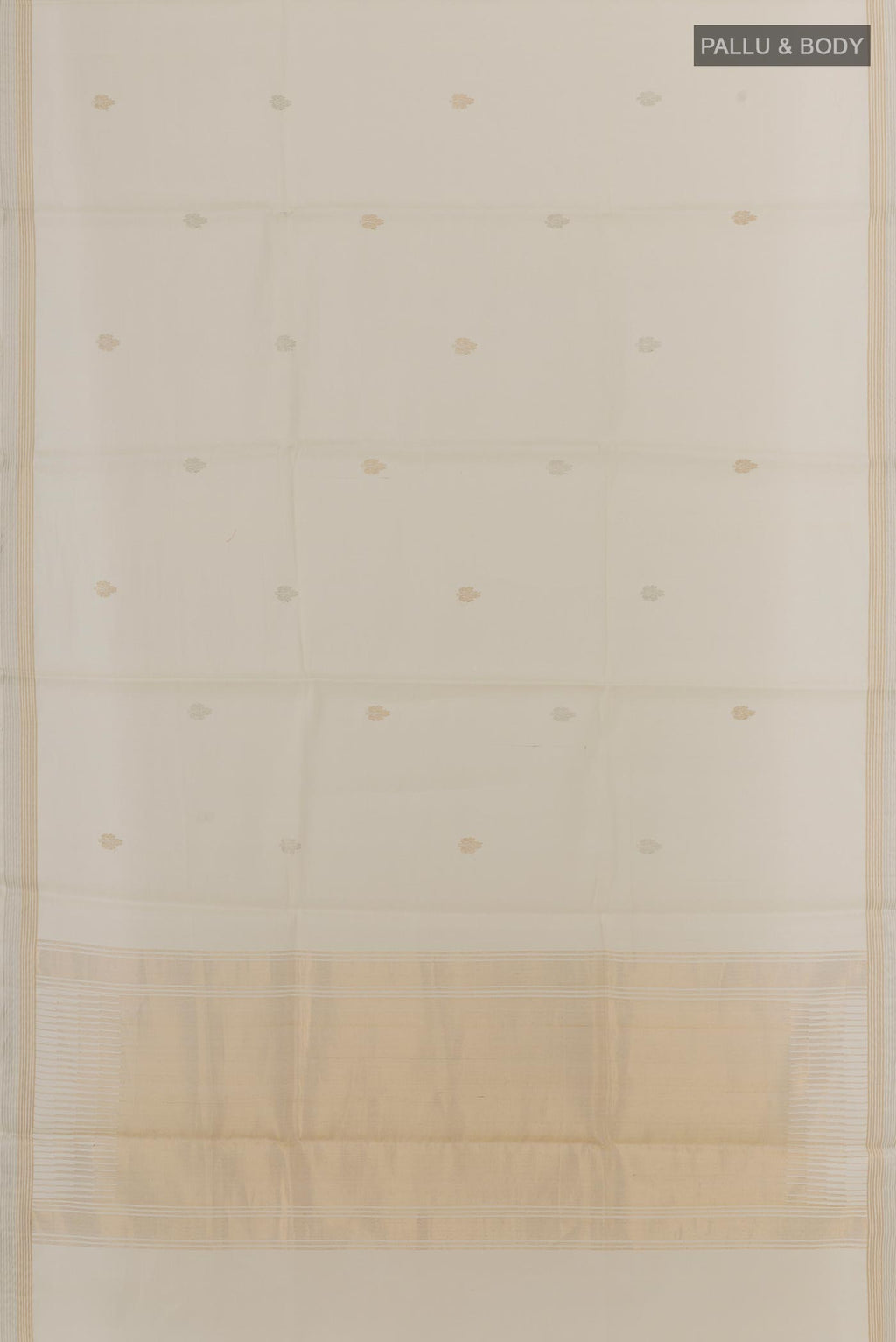 Flat view of Off White Tussar Silk Saree with Zari Butta on the body and Zari Border. 