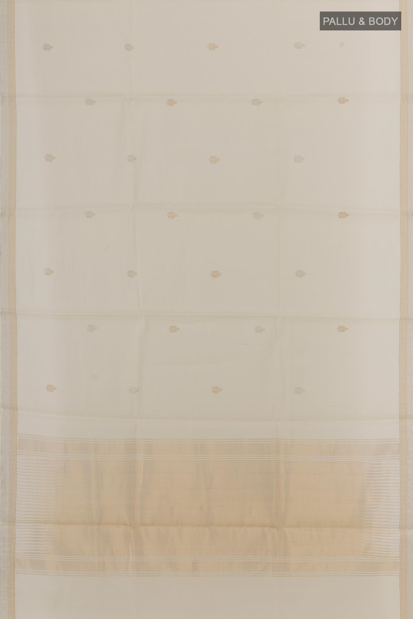 Flat view of Off White Tussar Silk Saree with Zari Butta on the body and Zari Border. 