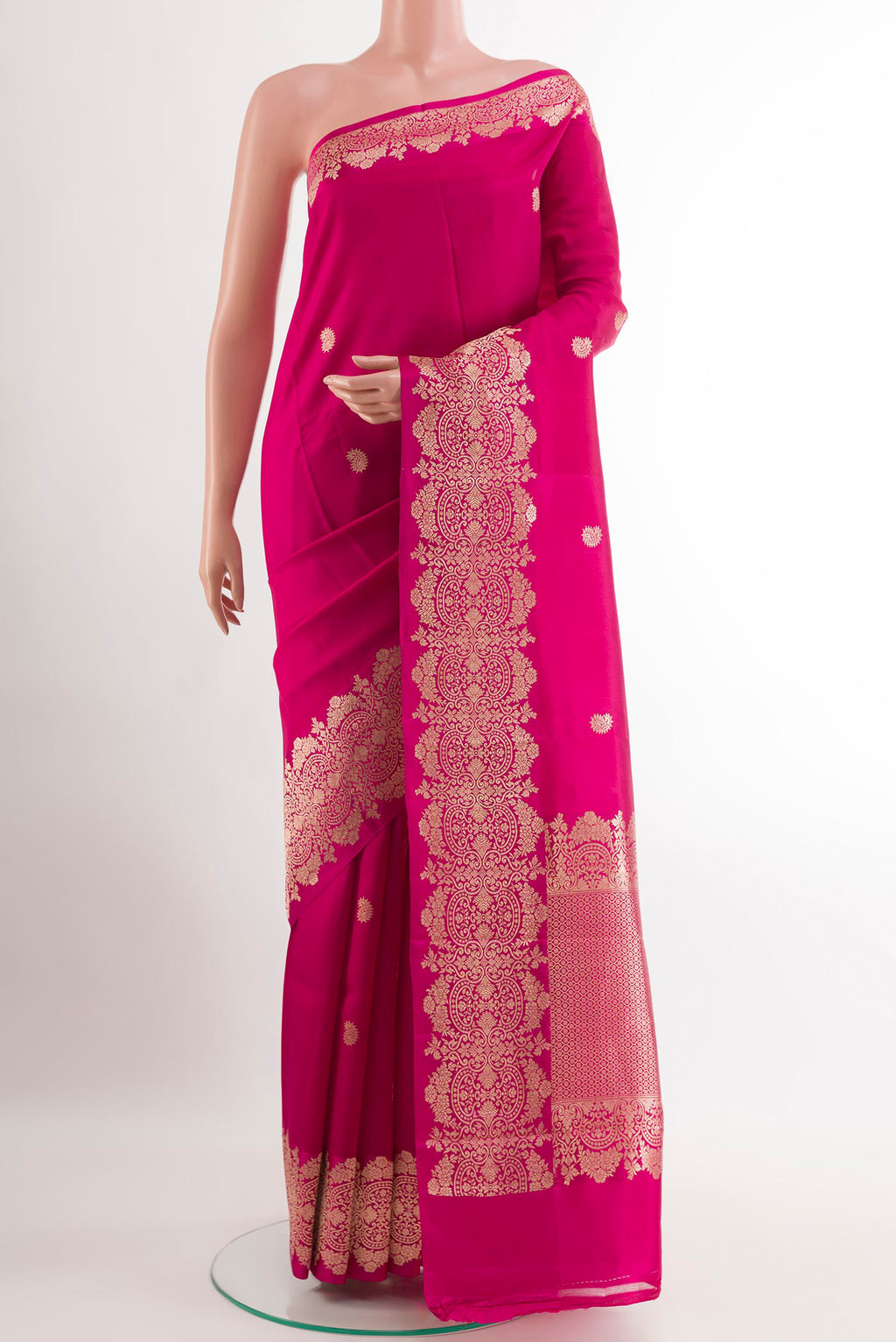 Pink Banarasi Katan Silk Saree with Zari Butta on the body and Zari Border.  displayed on a mannequin