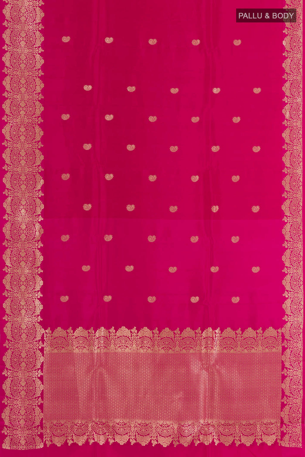 Flat view of Pink Banarasi Katan Silk Saree with Zari Butta on the body and Zari Border. 