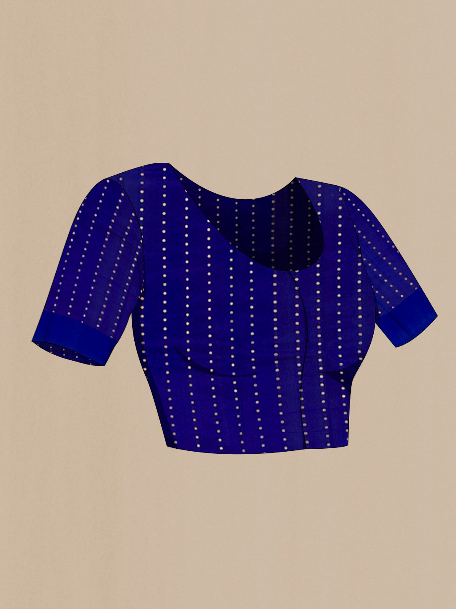 Close up image of the blouse of Blue Banarasi Katan Silk Saree with Zari Butta on the body and Zari Border. 