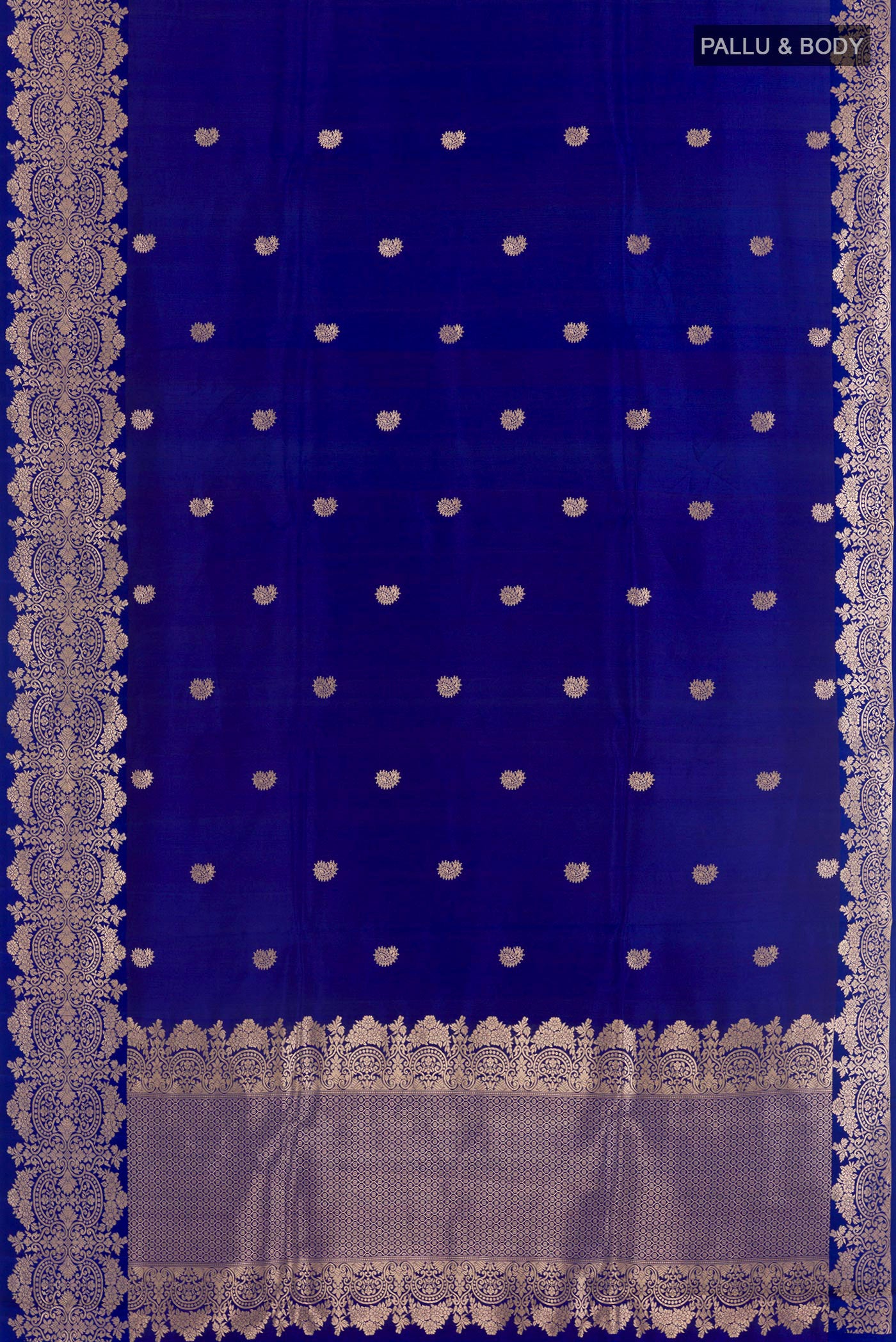 Flat view of Blue Banarasi Katan Silk Saree with Zari Butta on the body and Zari Border. 