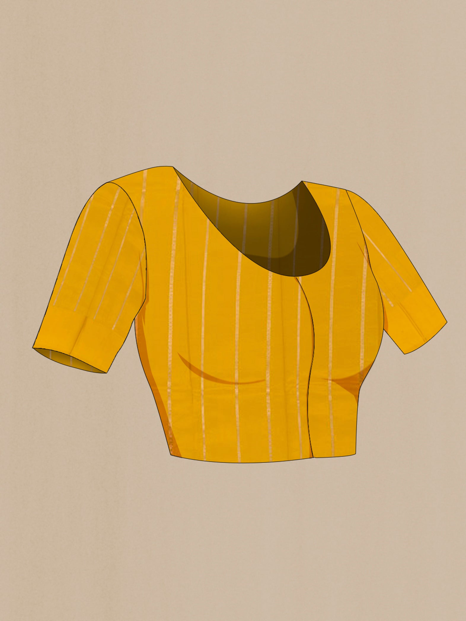 Close up image of the blouse of Yellow Banarasi Katan Silk Saree with Zari Butta on the body and Zari Border. 