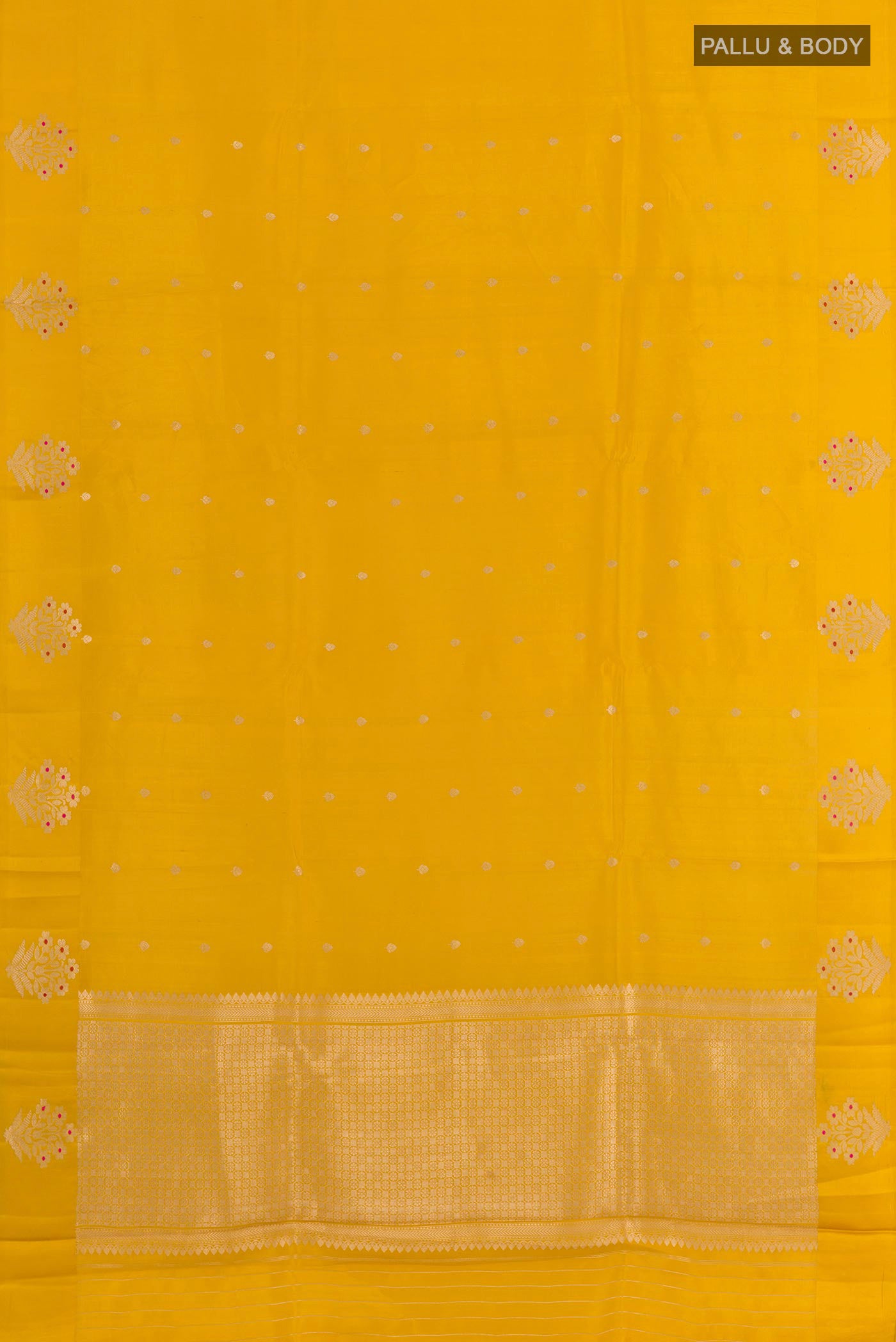 Flat view of Yellow Banarasi Katan Silk Saree with Zari Butta on the body and Zari Border. 