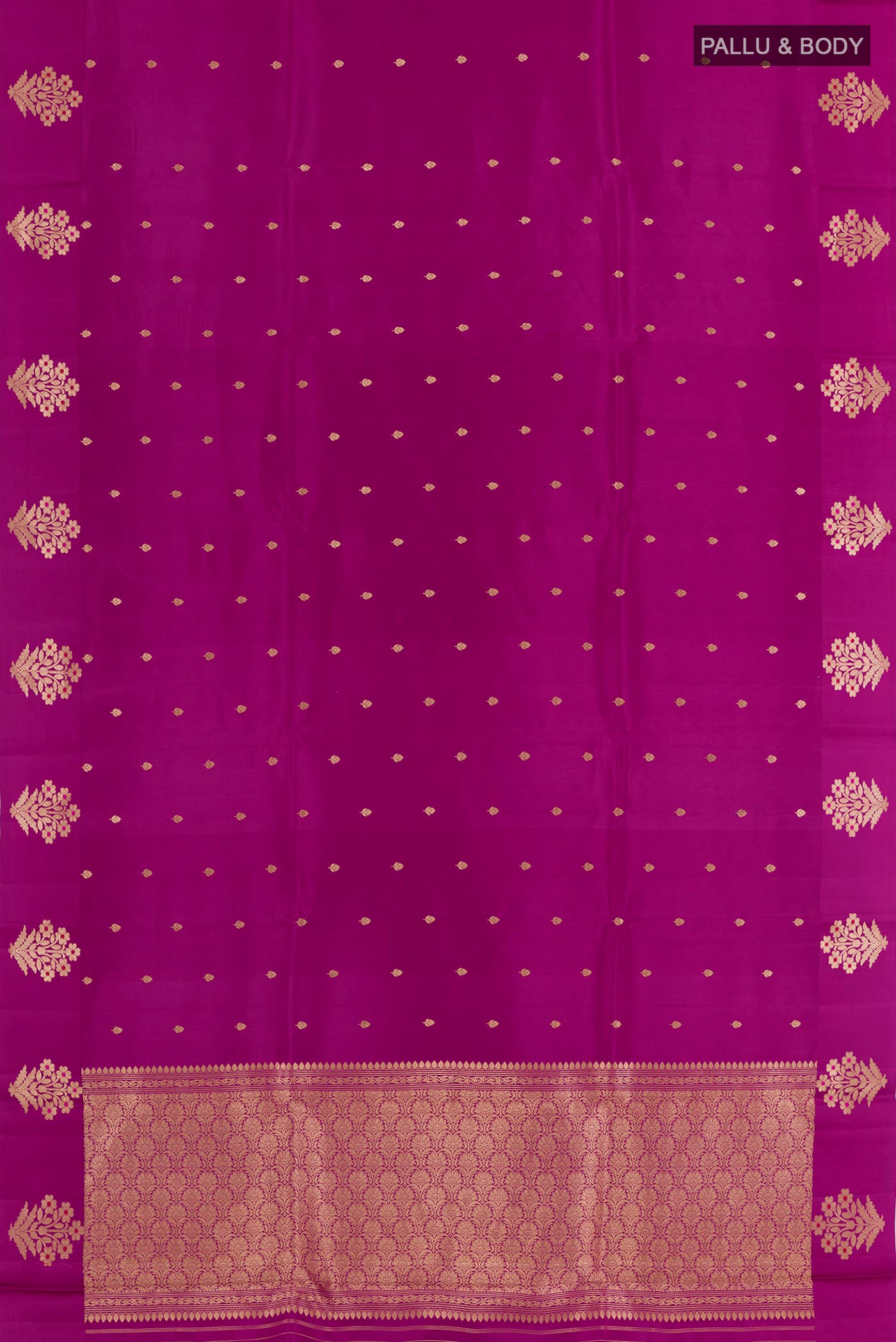 Flat view of Purple Banarasi Katan Silk Saree with Zari Butta on the body and Zari Border. 
