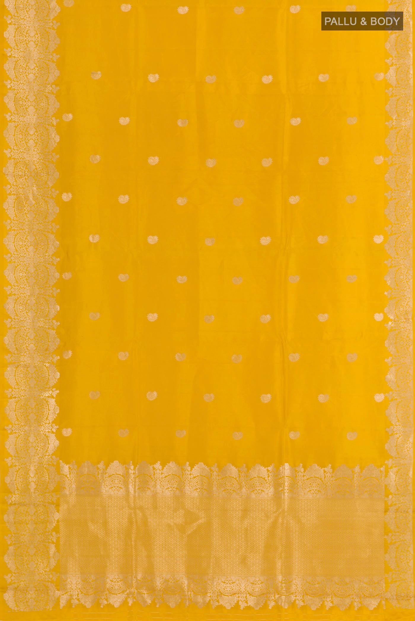 Flat view of Yellow Banarasi Katan Silk Saree with Zari Butta on the body and Zari Border. 