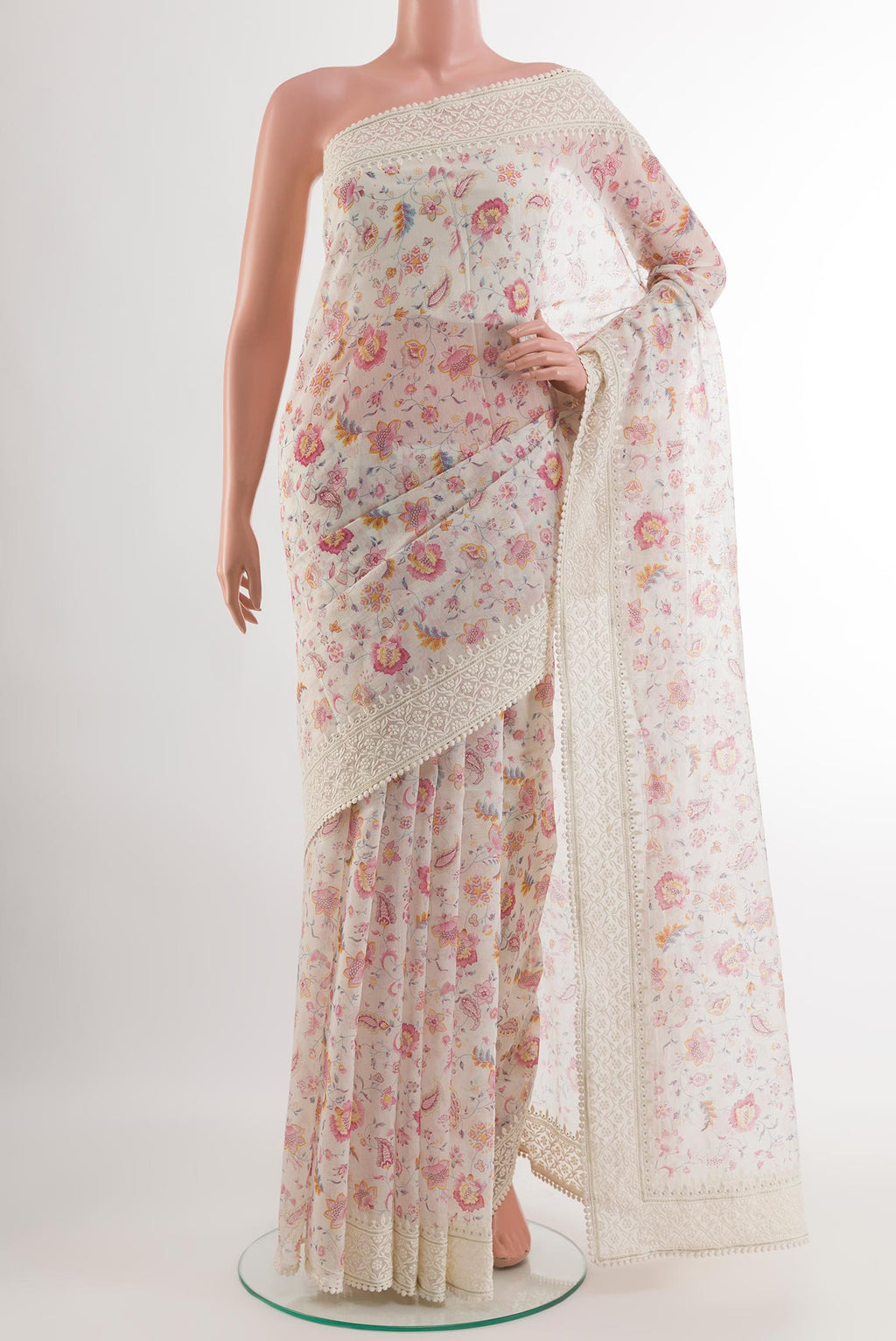 Off White Blended Chanderi Silk Cotton Saree with Printed design on the body and Embroidery Border.  displayed on a mannequin