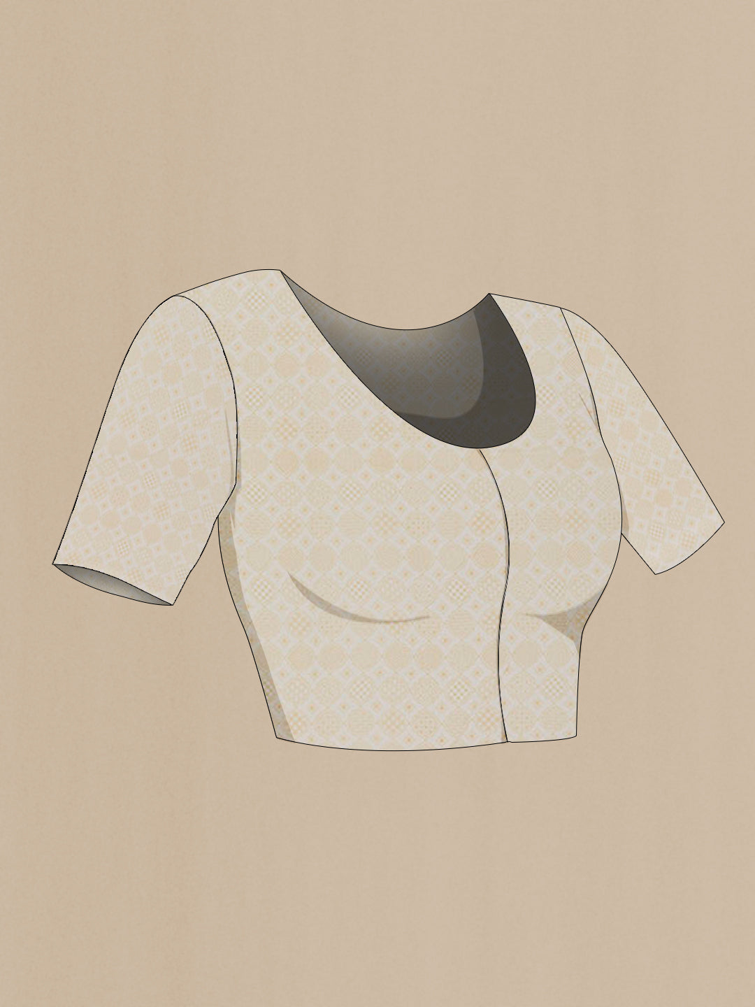 Close up image of the blouse of White Chanderi Silk Cotton Saree with Printed design on the body and Embroidery Border. 