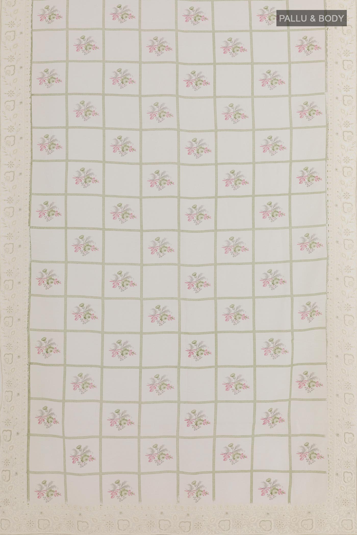 Flat view of White Chanderi Silk Cotton Saree with Printed design on the body and Embroidery Border. 