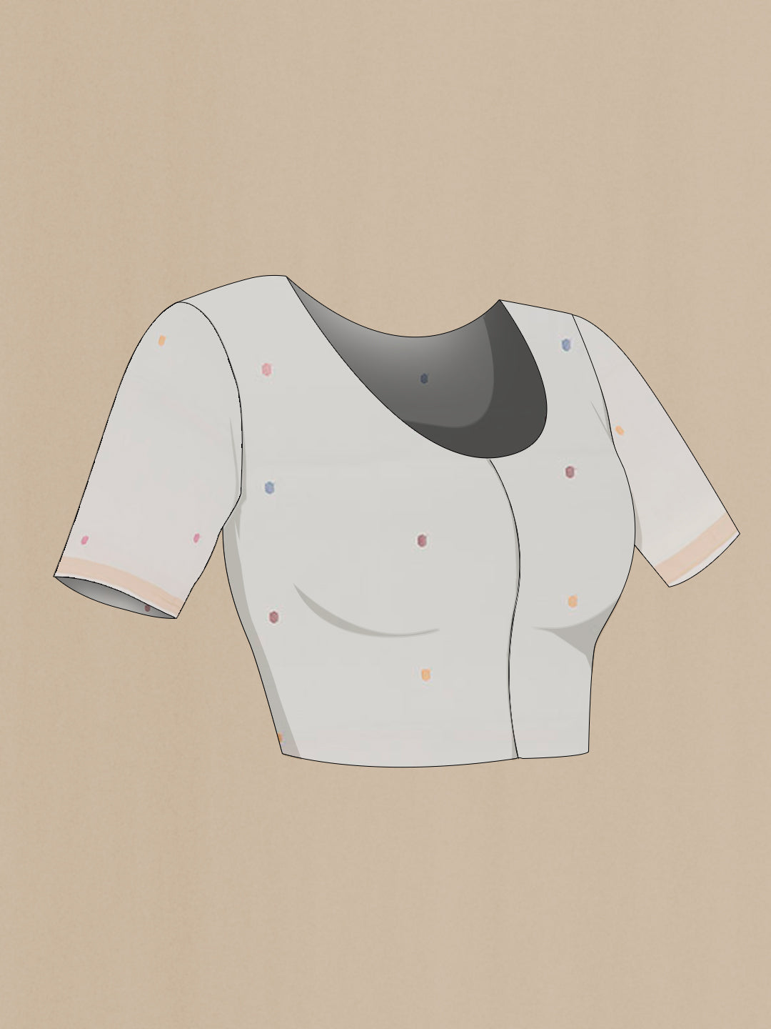 Close up image of the blouse of Off White Bengal Cotton Saree with Thread Butta on the body and Plain Border. 