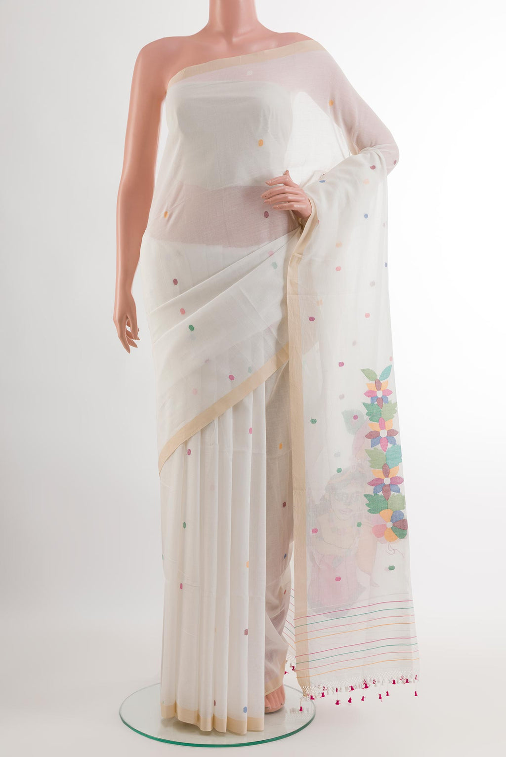 Off White Bengal Cotton Saree with Thread Butta on the body and Plain Border.  displayed on a mannequin