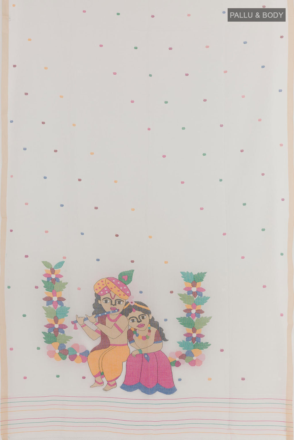 Flat view of Off White Bengal Cotton Saree with Thread Butta on the body and Plain Border. 