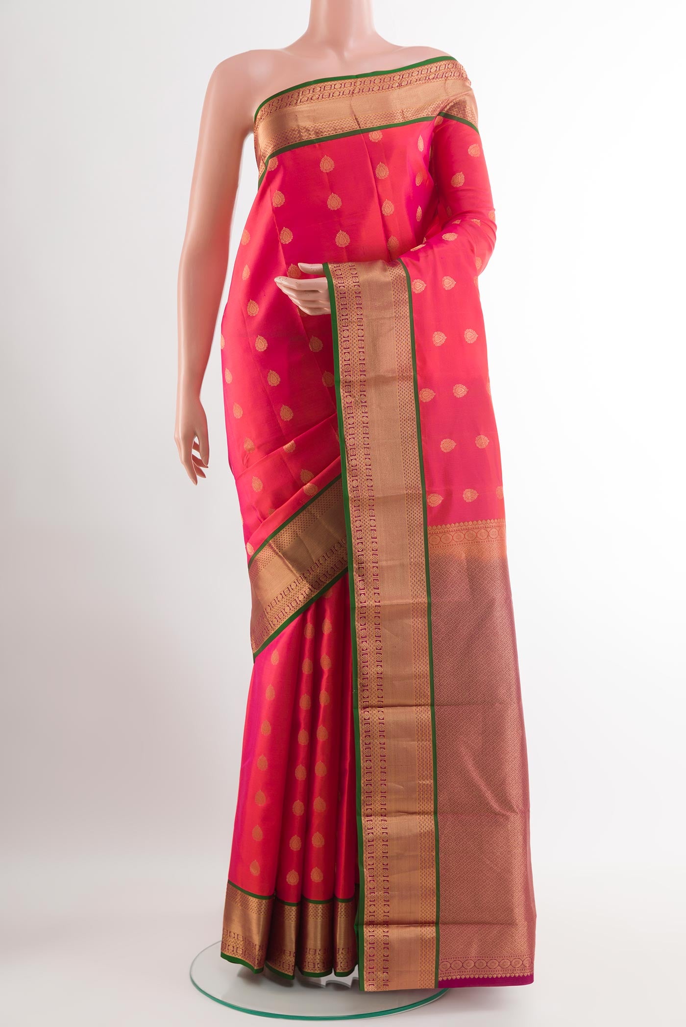 Red Dual Tone Kanjivaram Silk Saree with Zari Butta on the body and Paithani Border.  displayed on a mannequin