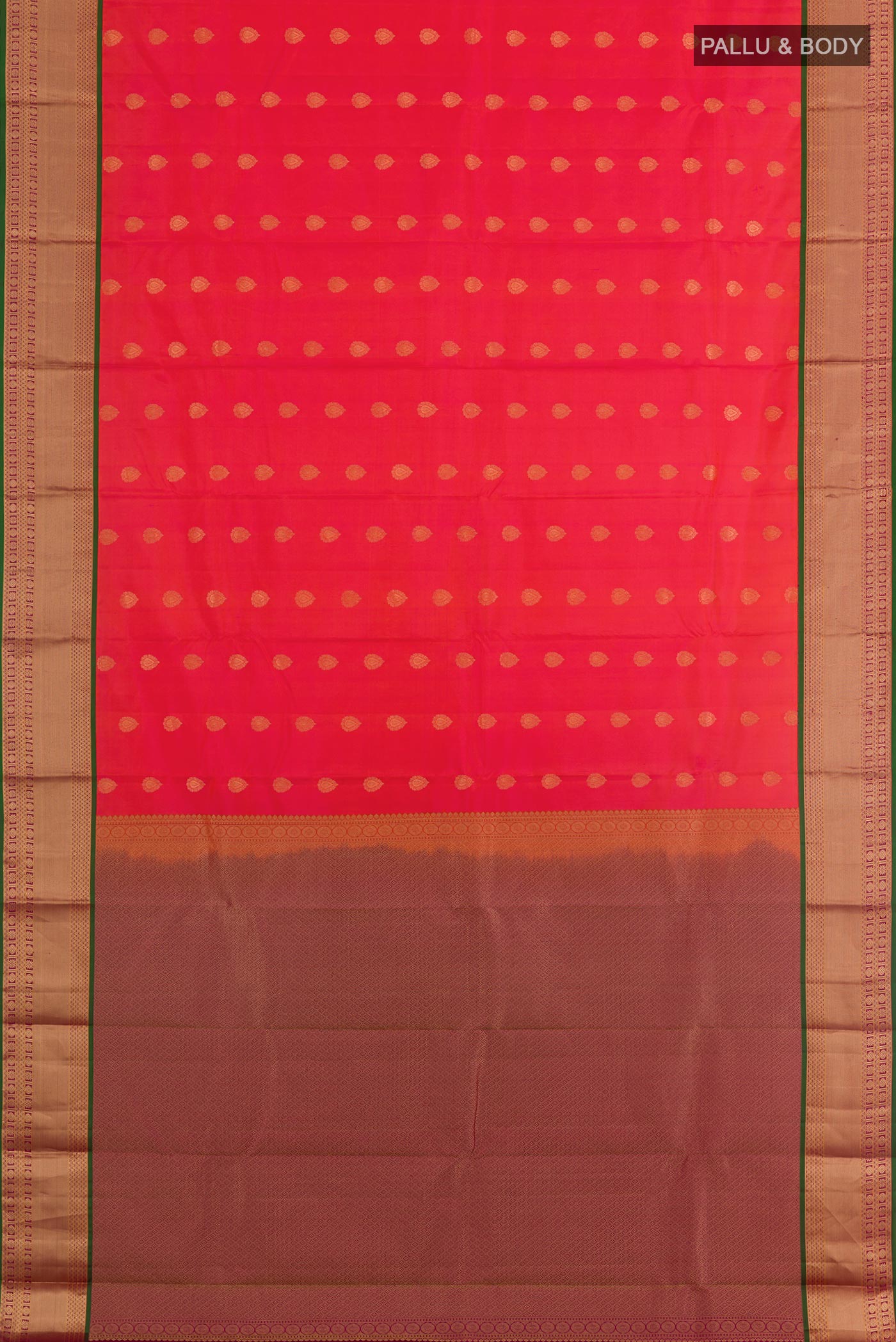 Flat view of Red Dual Tone Kanjivaram Silk Saree with Zari Butta on the body and Paithani Border. 