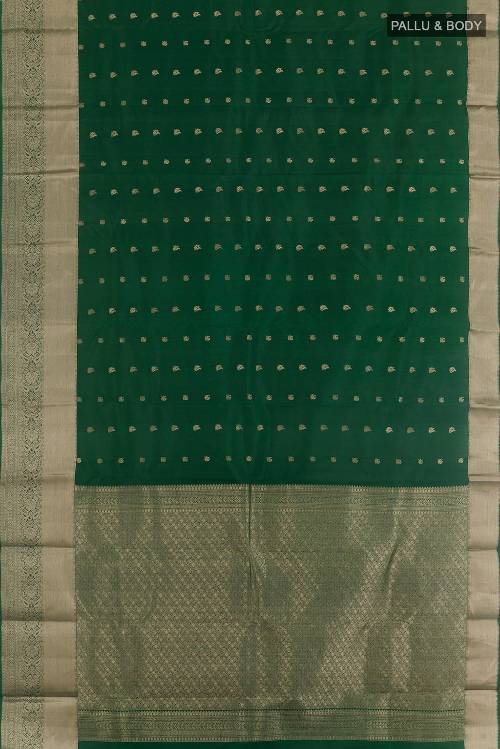 Flat view of Green Dual Tone Kanchipuram Silk Saree with Zari Butta on the body and Zari Border. 