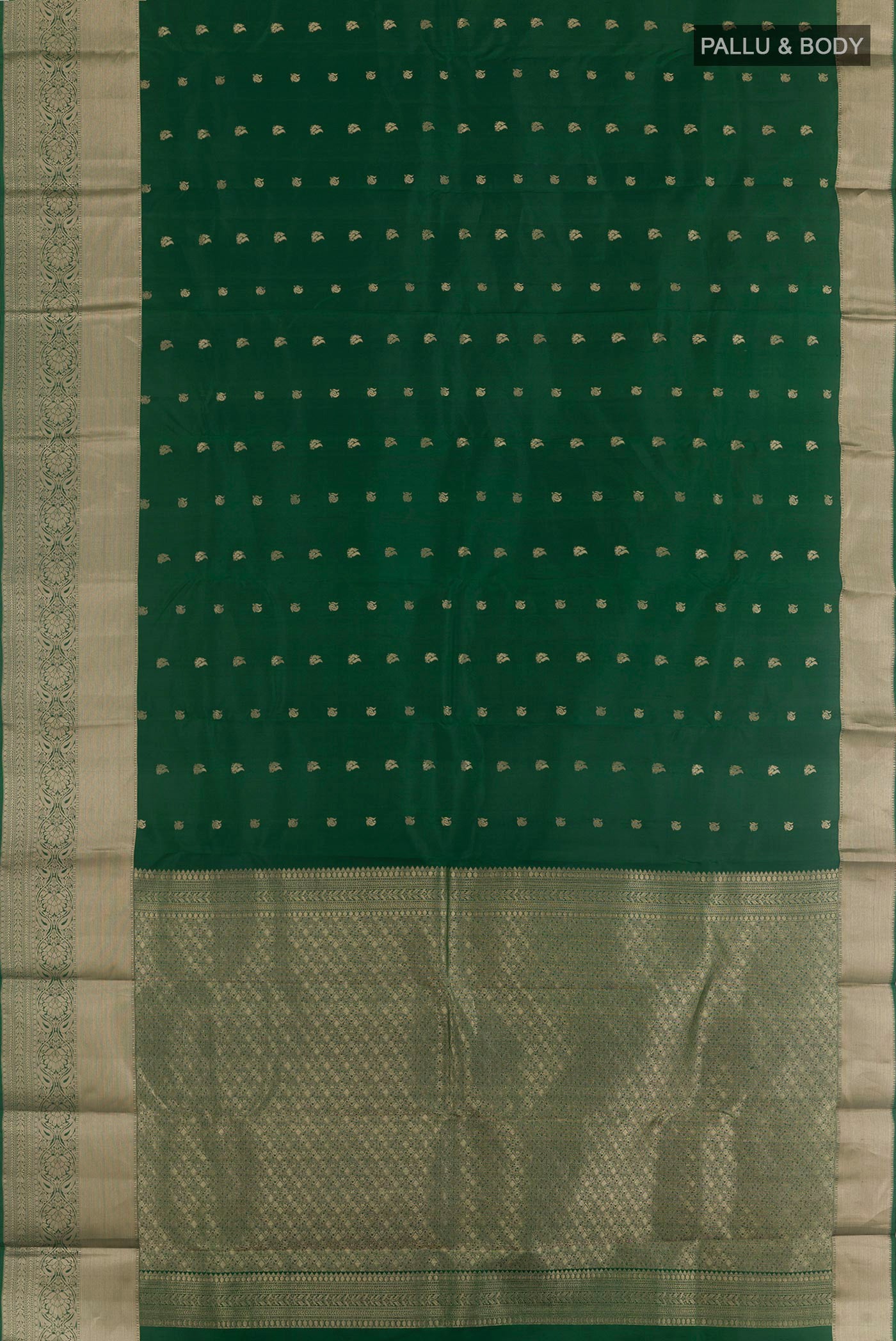 Flat view of Green Dual Tone Kanchipuram Silk Saree with Zari Butta on the body and Zari Border. 