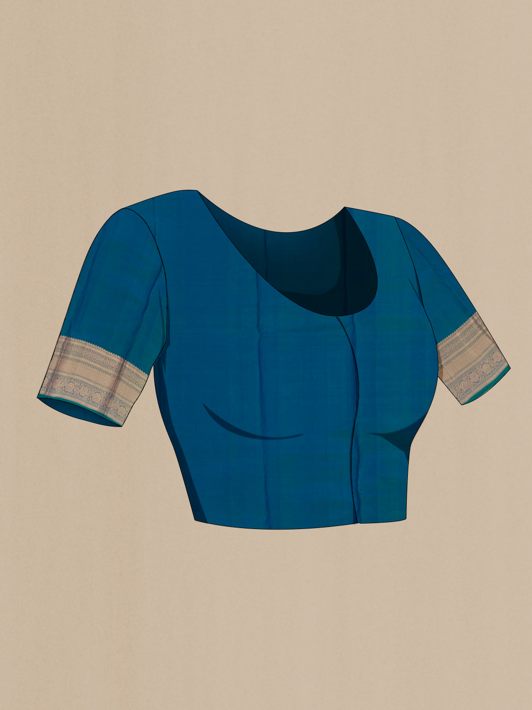 Close up image of the blouse of Peacock Blue Kanchipuram Silk Saree with Zari Butta on the body and Zari Border. 