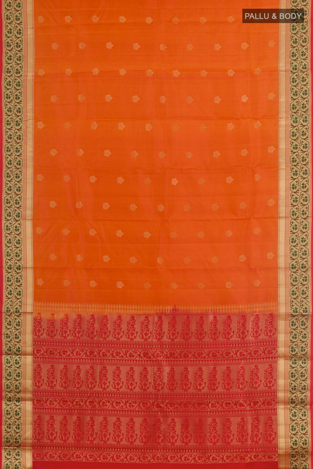 Flat view of Orange Kanchipuram Silk Saree with Zari Butta on the body and Paithani Border. 