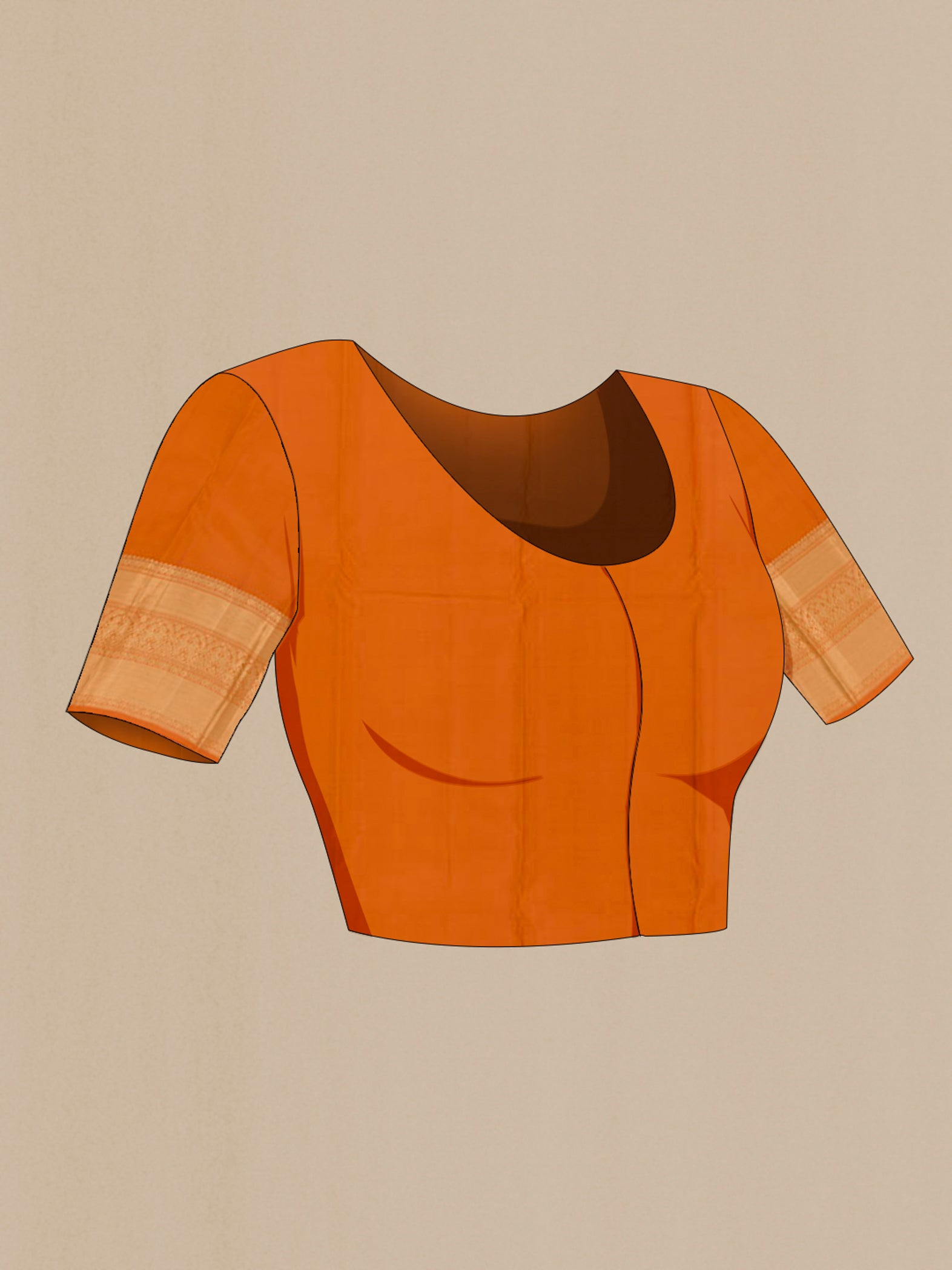 Close up image of the blouse of Mustard Kanchipuram Silk Saree with Zari Butta on the body and Zari Border. 