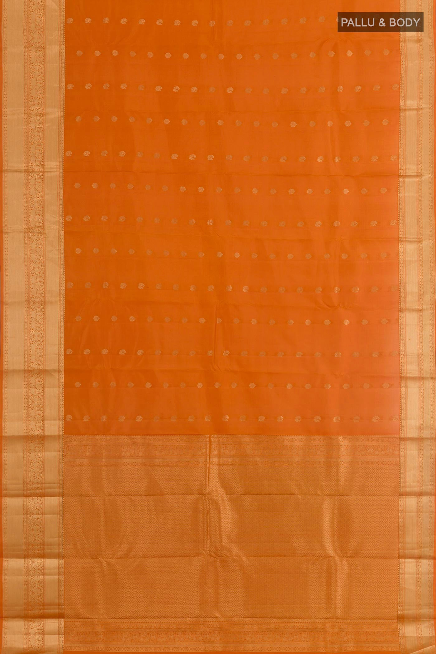 Flat view of Mustard Kanchipuram Silk Saree with Zari Butta on the body and Zari Border. 