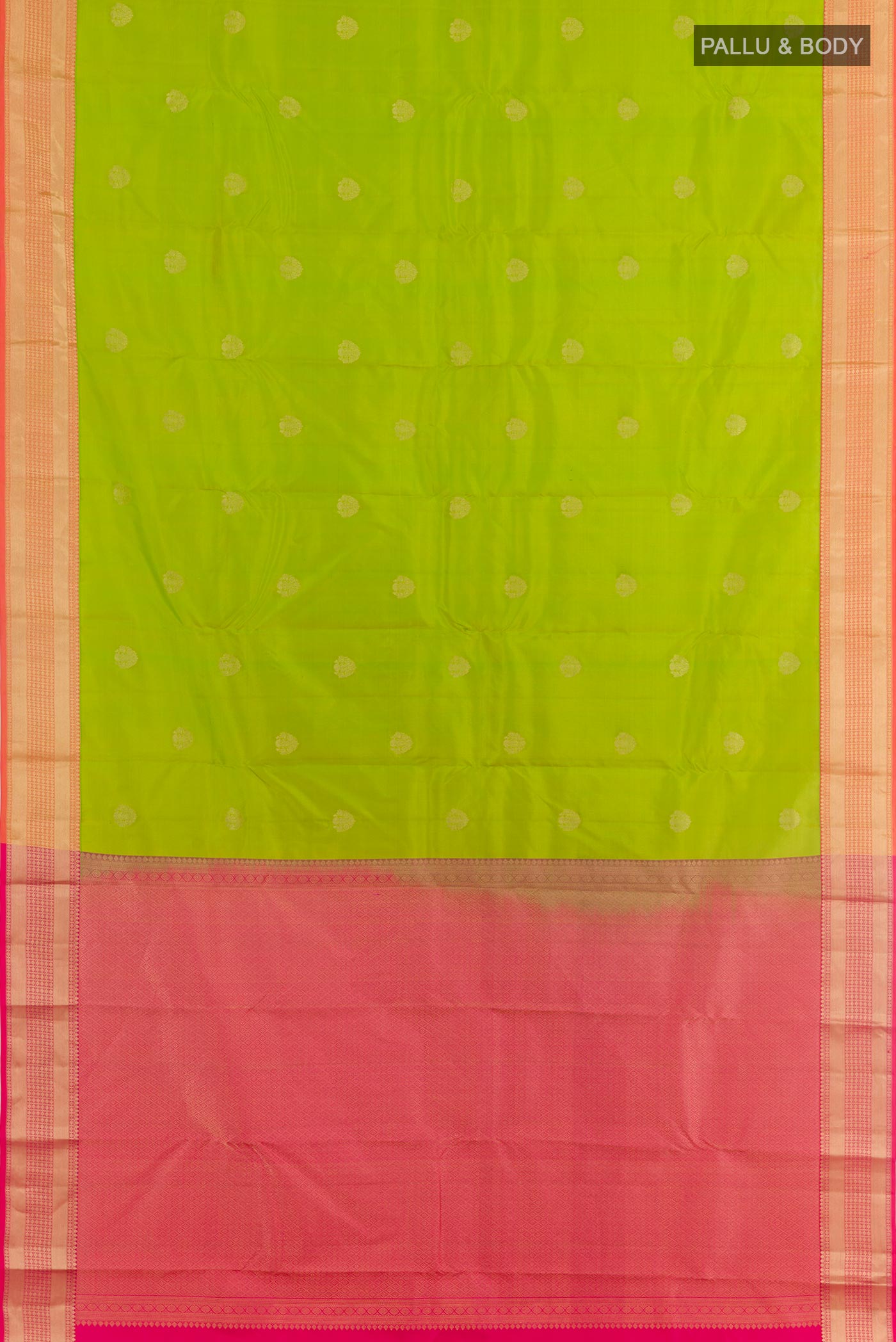 Flat view of Green Kanchipuram Silk Saree with Zari Butta on the body and Zari Border. 