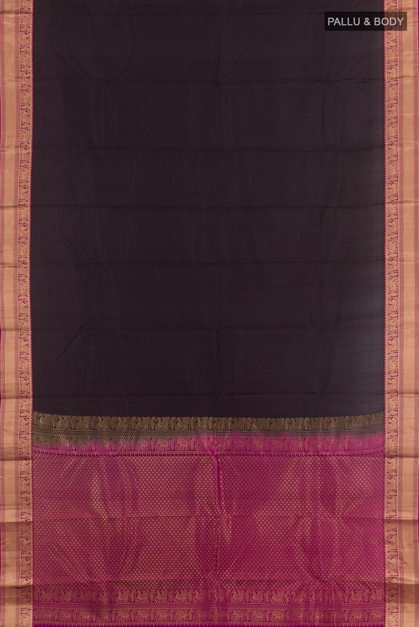Flat view of Black Kanjivaram Silk Saree with Jacquard design on the body and Zari Border. 