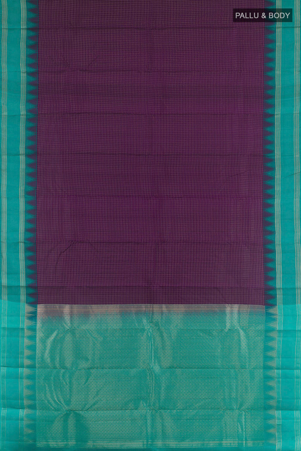 Flat view of Purple Kanchipuram Silk Saree with Checked design on the body and Zari Border. 